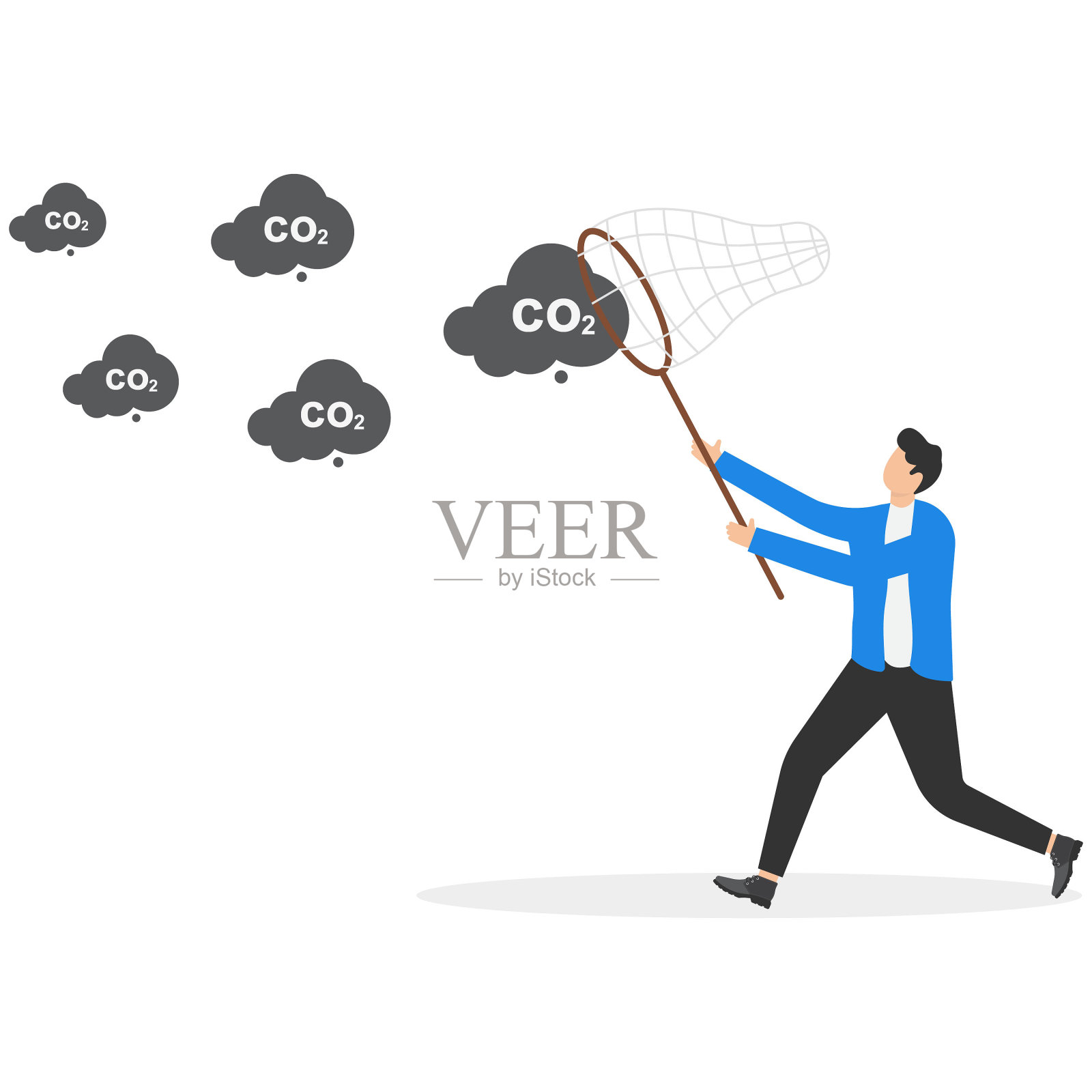 零排放概念设计。男子用蝴蝶网捕捉气体二氧化碳的符号，矢量说明插画图片素材