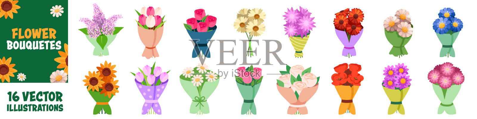 花束图标集。平的风格。3月8日。插画图片素材