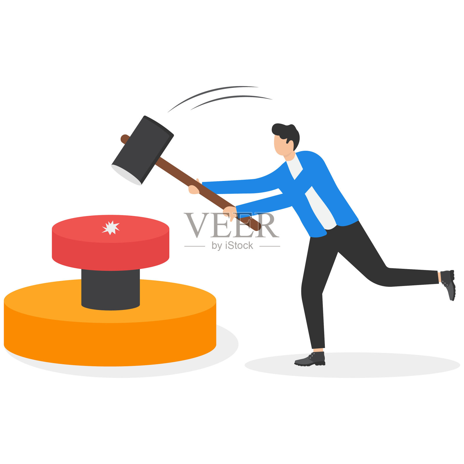 按钮呼叫紧急求助，控制或发射火箭，启动新业务或启动创业公司概念，谨慎的商人匆忙奔跑，按下红色紧急按钮。插画图片素材