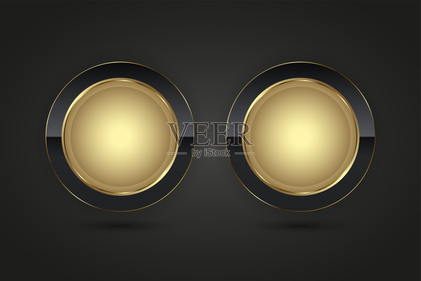 一套2豪华圈按钮矢量信息图设计。两个金色的黑色图标在孤立的黑暗渐变背景，双重溢价矢量插图插画图片素材