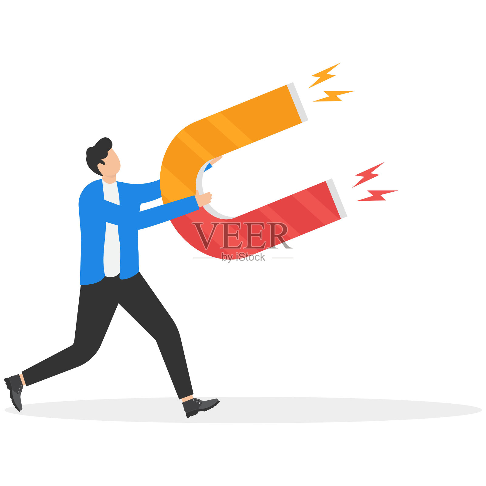 商业吸引力或魅力用权力来吸引或吸引商机、金钱或客户的概念，商人手持高功率磁铁来吸引一切利益。插画图片素材