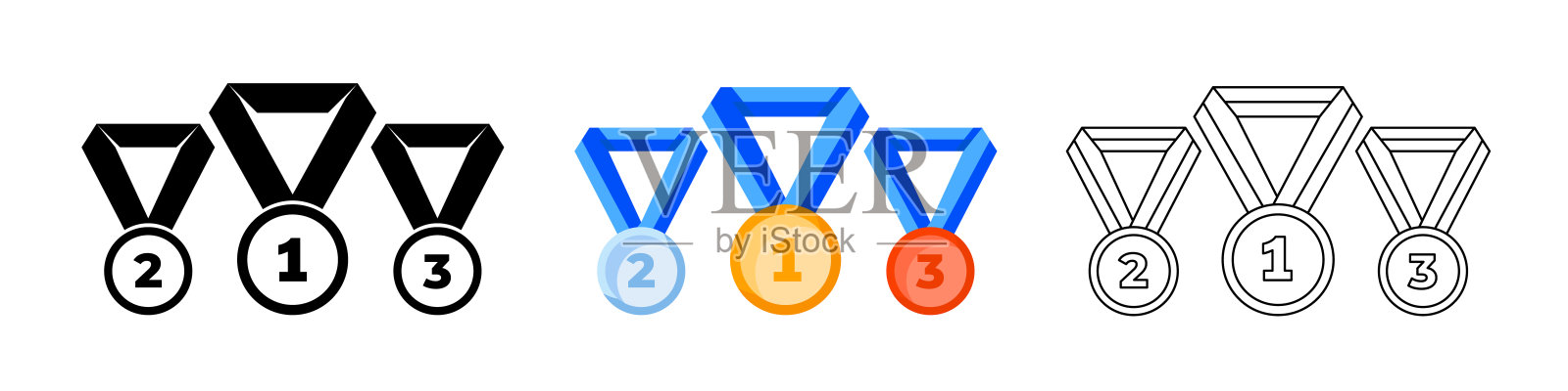 奖章图标集。线条，轮廓和平面风格。插画图片素材