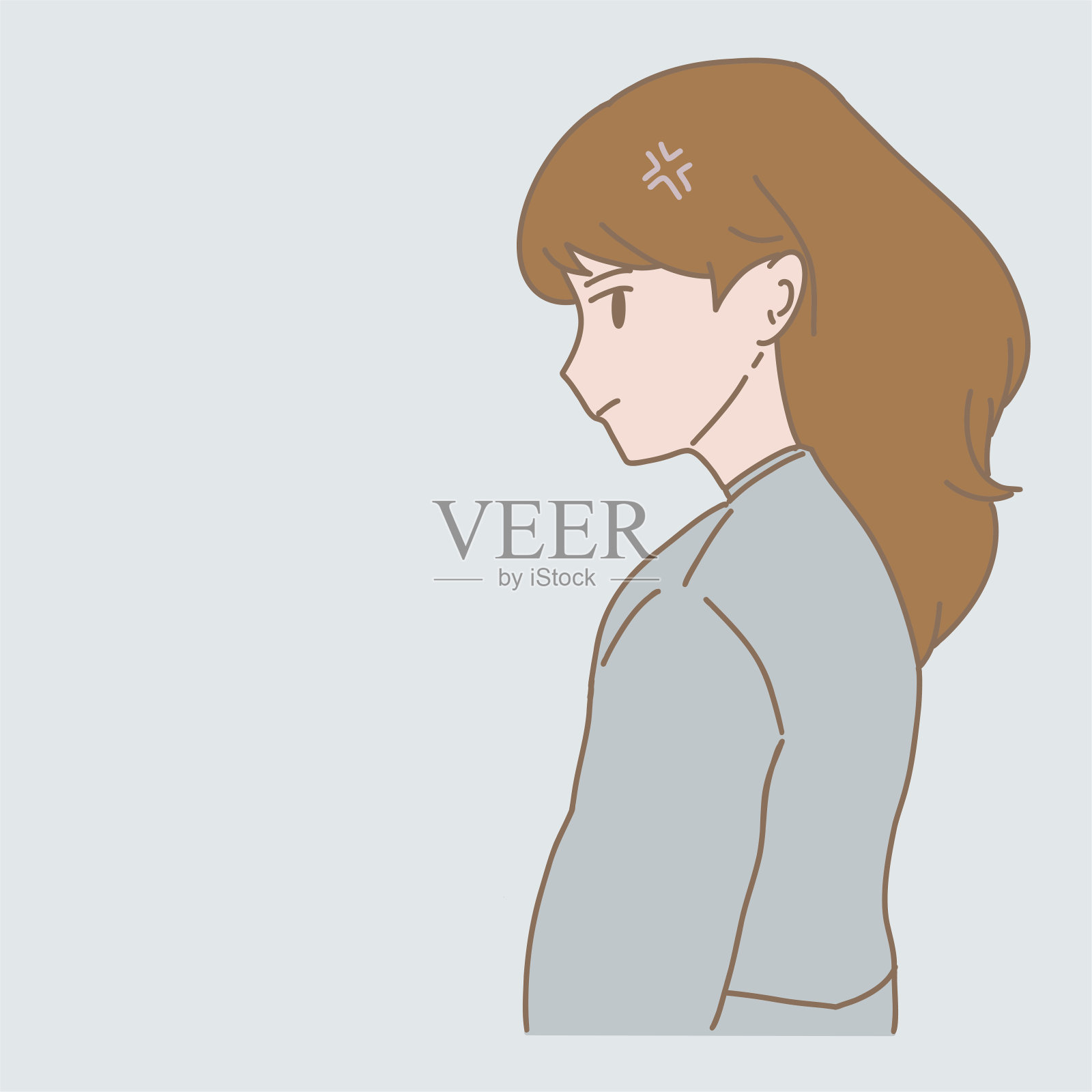 愠怒的女商人眯着眼睛看着头上有愤怒标志的人，控制着自己。手绘平面卡通人物矢量插图。插画图片素材