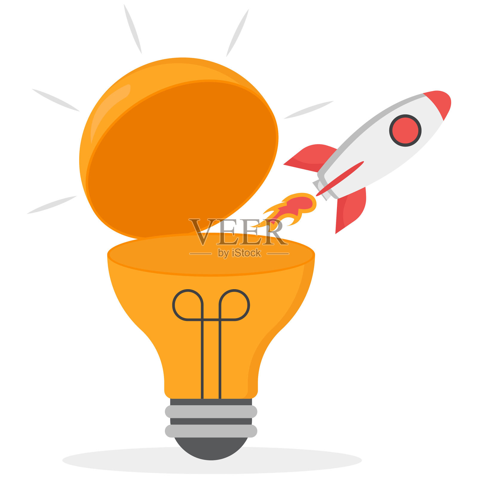 创新的火箭发射高飞从打开明亮的灯泡的想法。创业或创业，创造力开始商业或突破想法，推出新的想法。插画图片素材