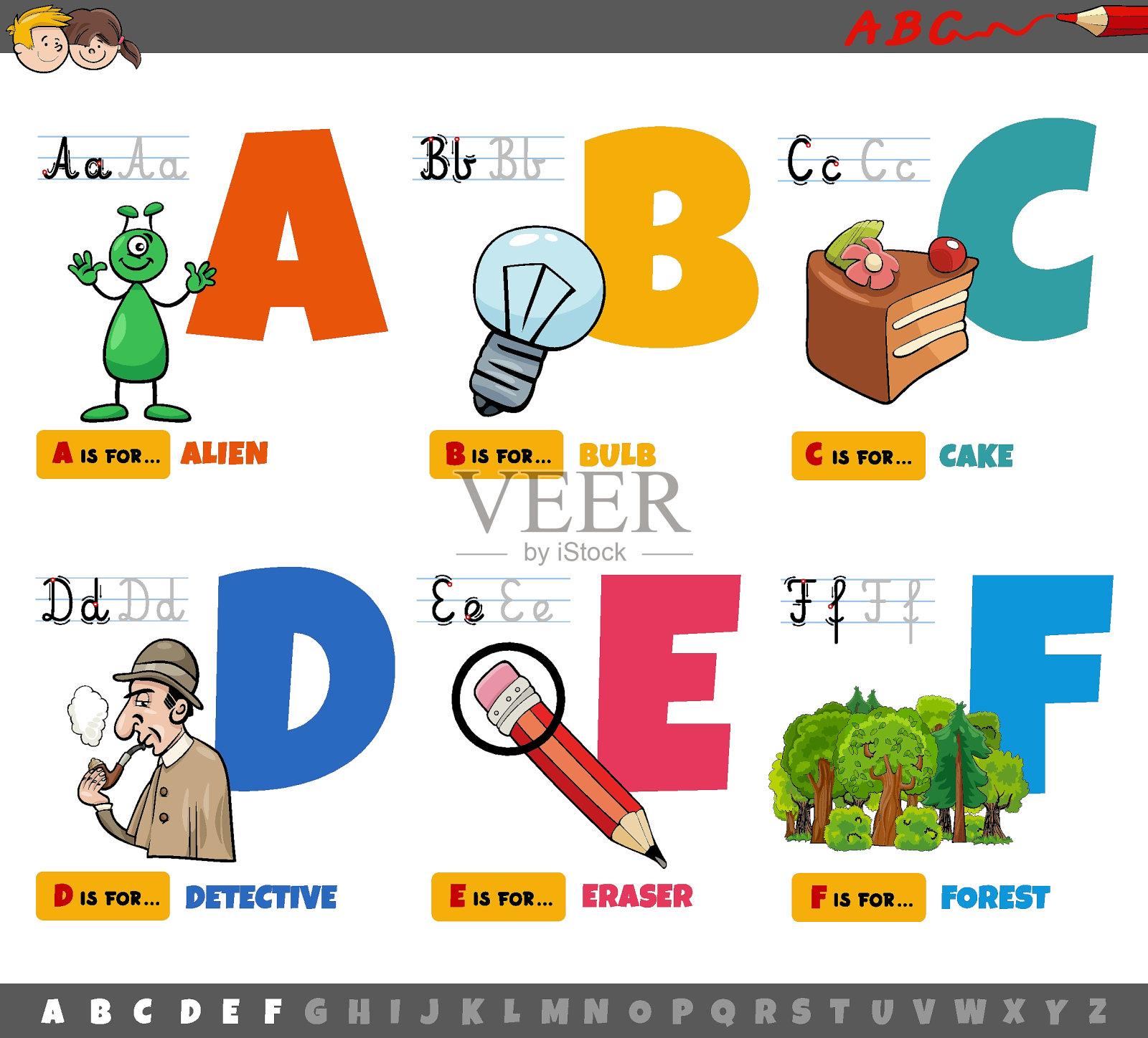 儿童从A到F的教育卡通字母插画图片素材