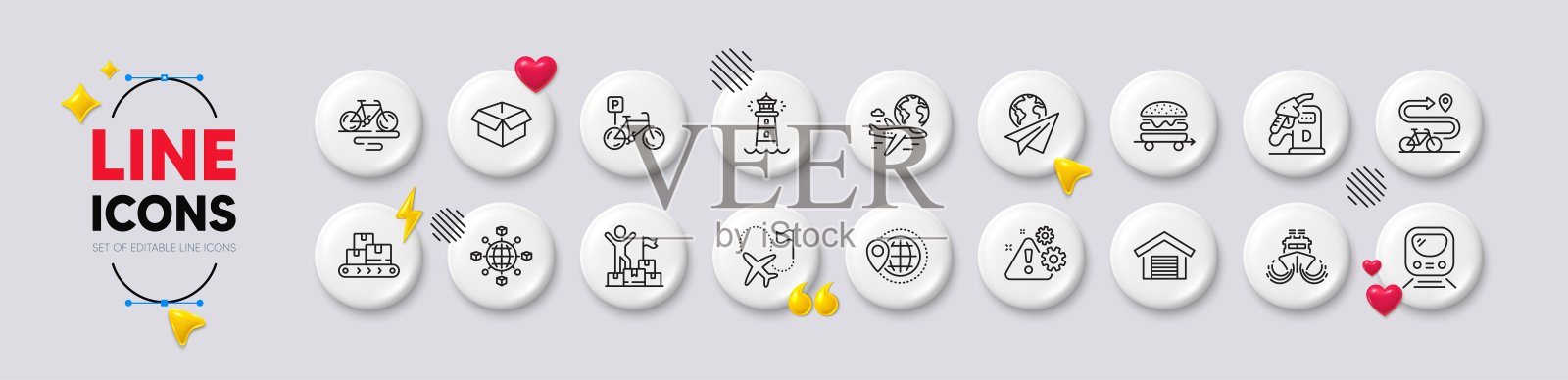 停车场，目的地旗和送货员线图标。对于web应用程序，打印。白色按钮3d图标。向量插画图片素材