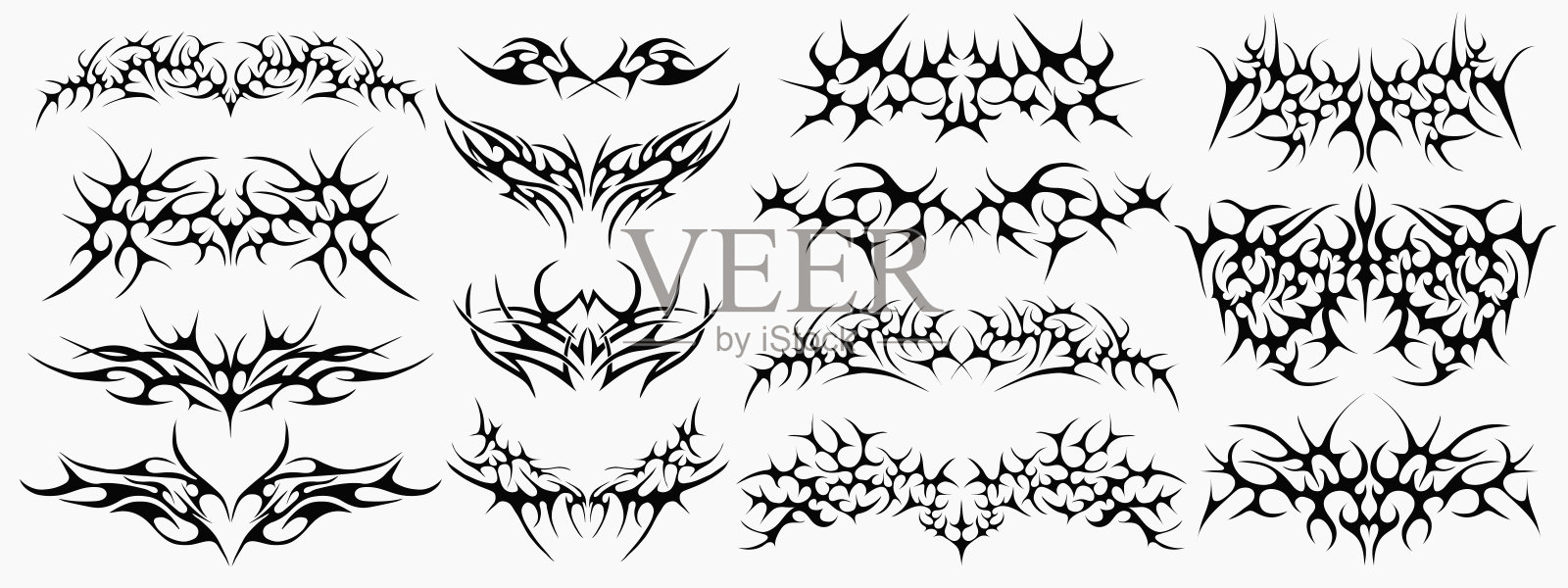 垃圾摇滚Y2k纹身街头服饰图形元素集合。哥特新部落网络符号形状矢量设计。插画图片素材