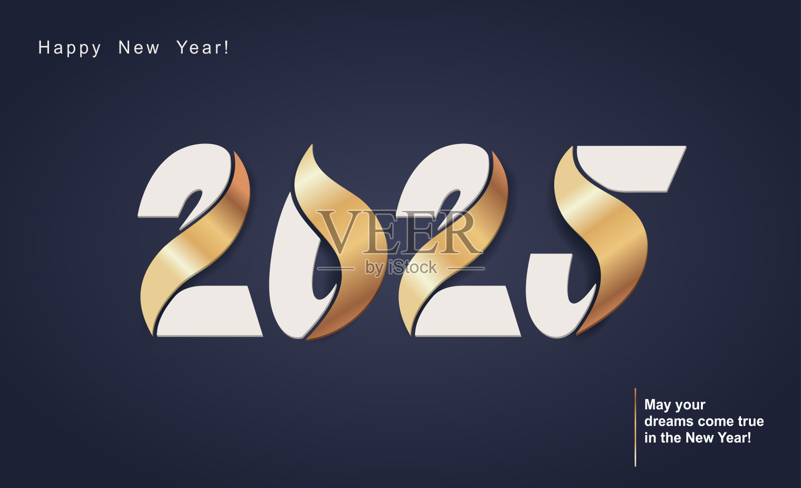 2025年新年快乐。深蓝色背景上的趋势纸数字和金色数字。节日贺卡设计。2025年圣诞快乐问候用抽象的概念。极简矢量插图插画图片素材