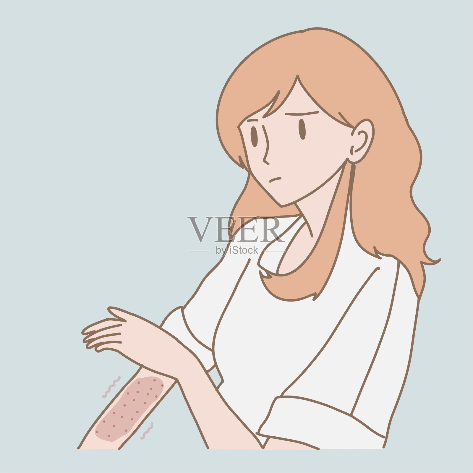 不健康女性抓挠、发痒、破损、红疹、强烈过敏皮肤。手绘平面卡通人物矢量插图。插画图片素材