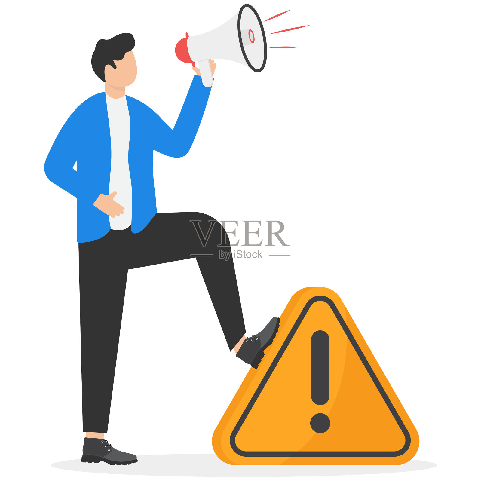 商人用扩音器宣布，注意感叹号。重要公告、注意或警示信息、警戒和警戒概念、突发新闻或紧急消息的传播。插画图片素材