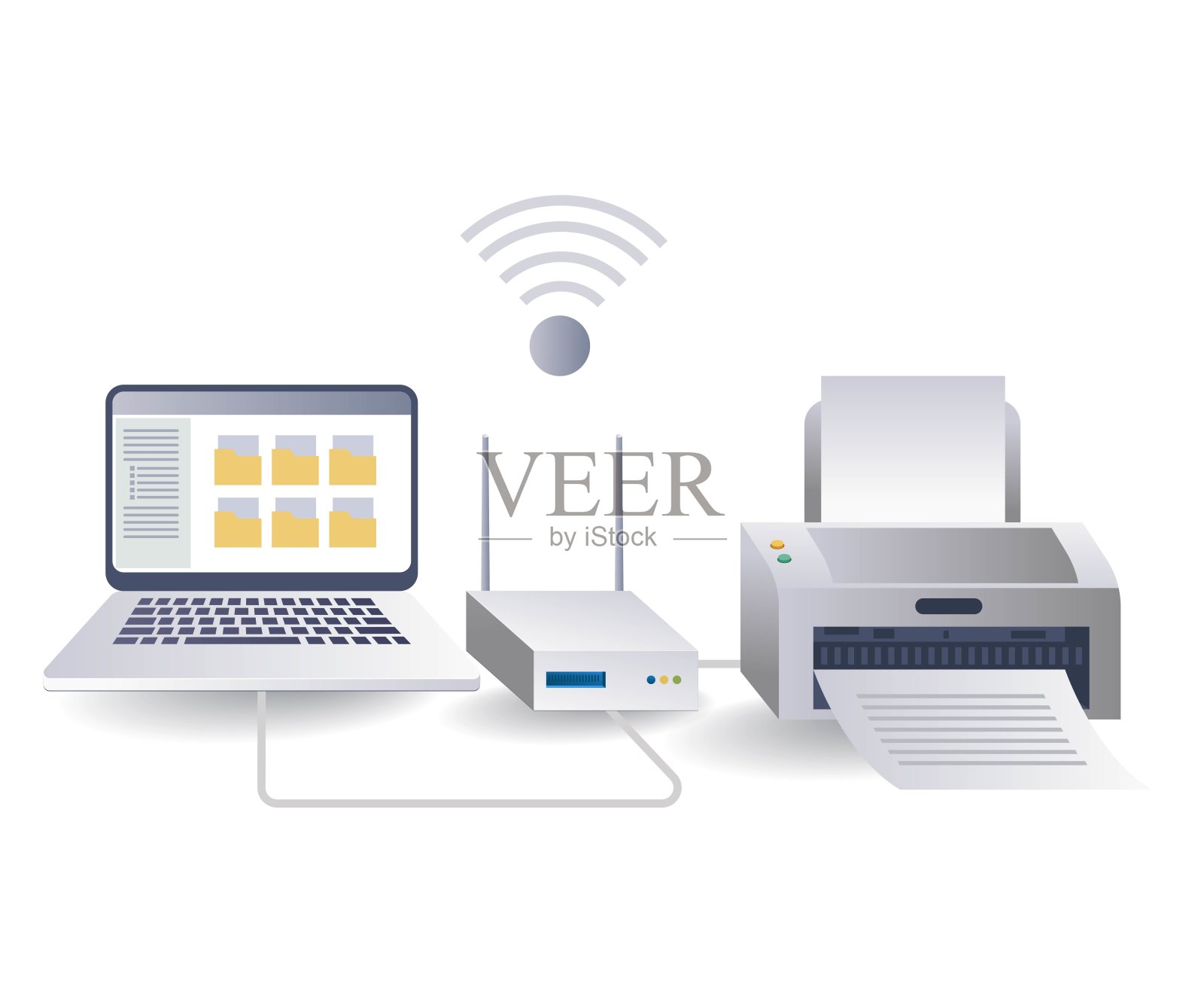 收集系统的计算机网络打印概念，平面等距三维插图插画图片素材