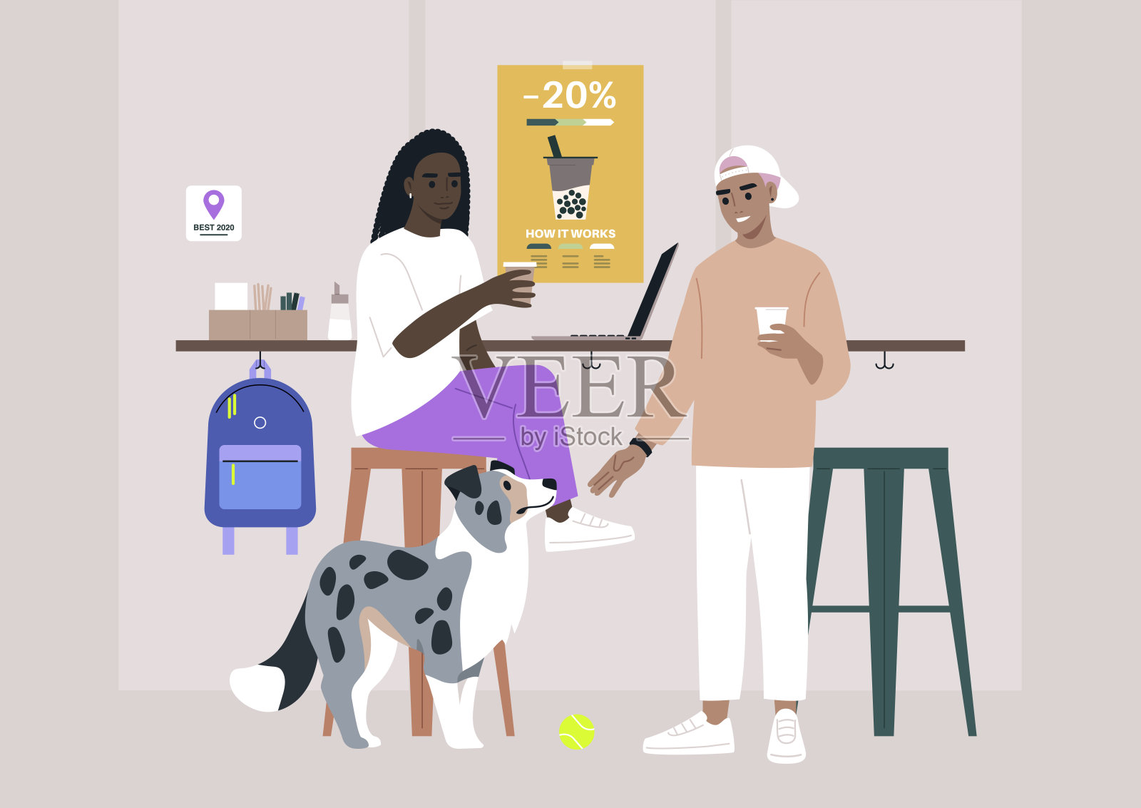 两个角色坐在一张桌子旁，他们忠诚的蓝色大理石边境牧羊犬陪伴着他们插画图片素材