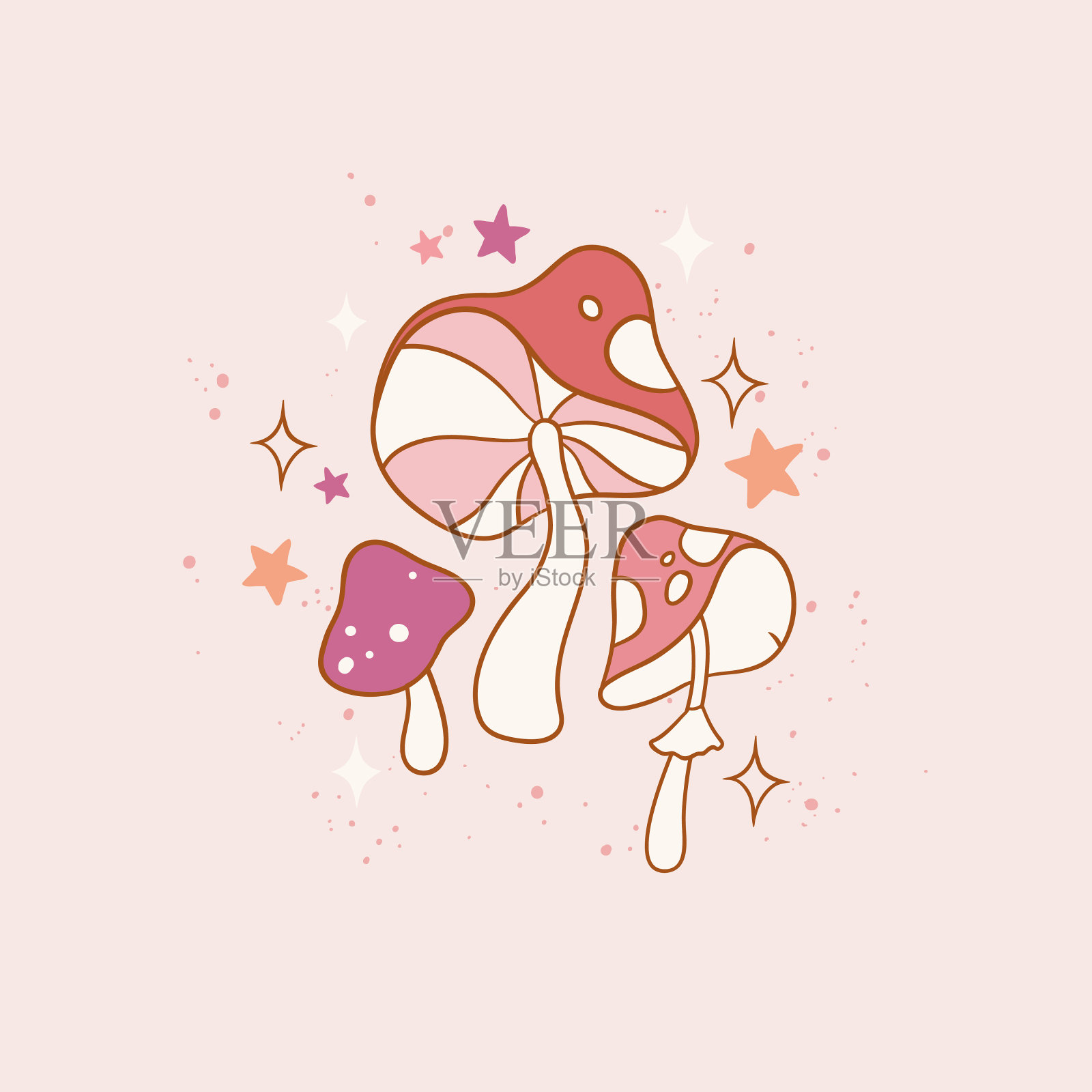 手绘矢量groovy迷幻复古蘑菇和星星。完美的夏季t恤标志设计，贺卡，海报，邀请或托儿所印刷。插画图片素材