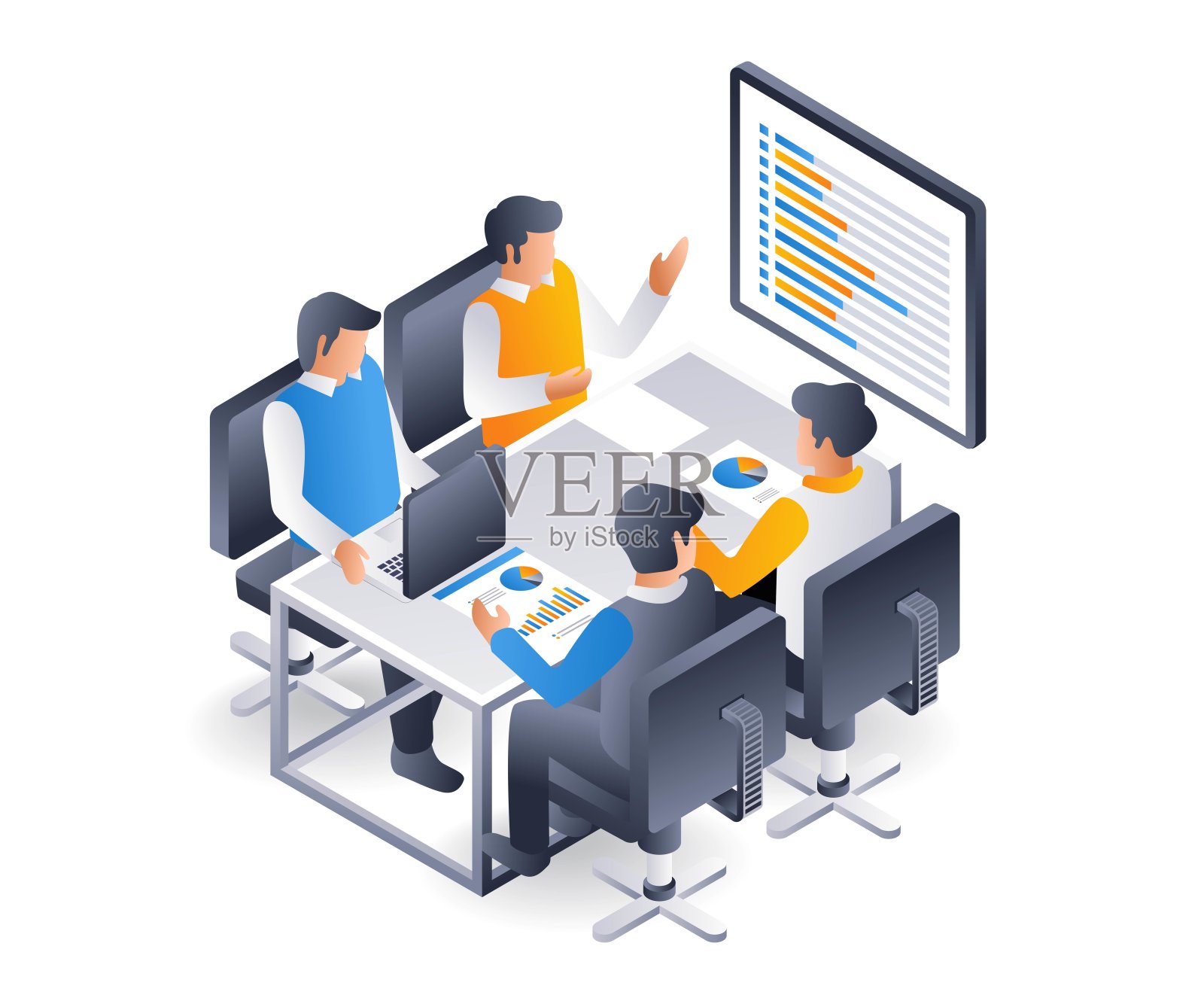 团队正在讨论公司的业务发展，平面等距三维插画插画图片素材
