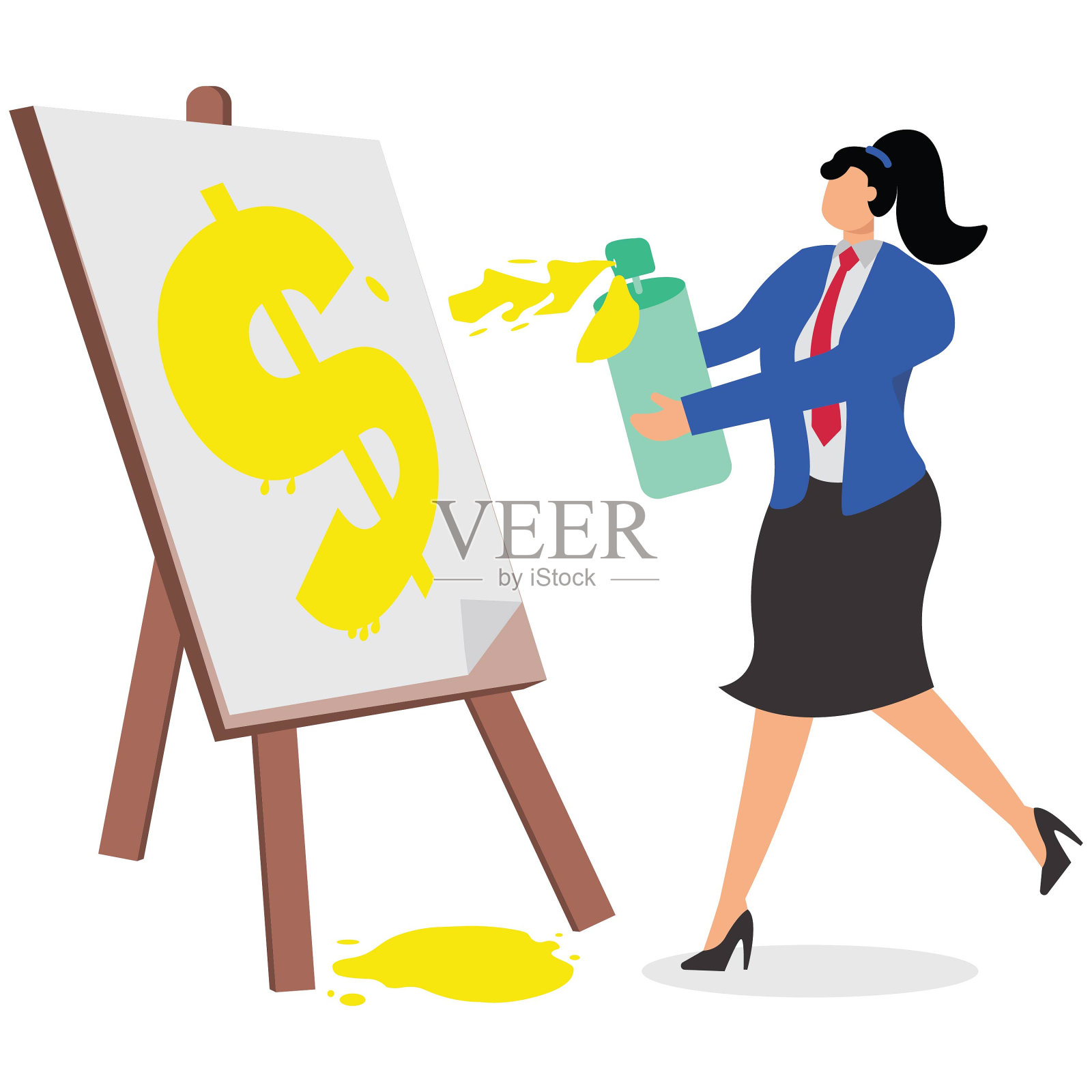 新的商业计划，抱负和追求，战略规划，定制目标，女商人拿着画笔在绘图板上画出美元符号插画图片素材