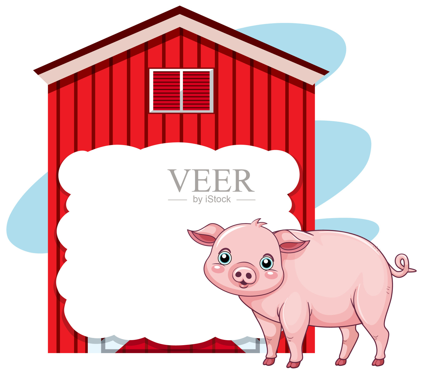 可爱的小猪站在一个充满活力的红色谷仓旁边插画图片素材