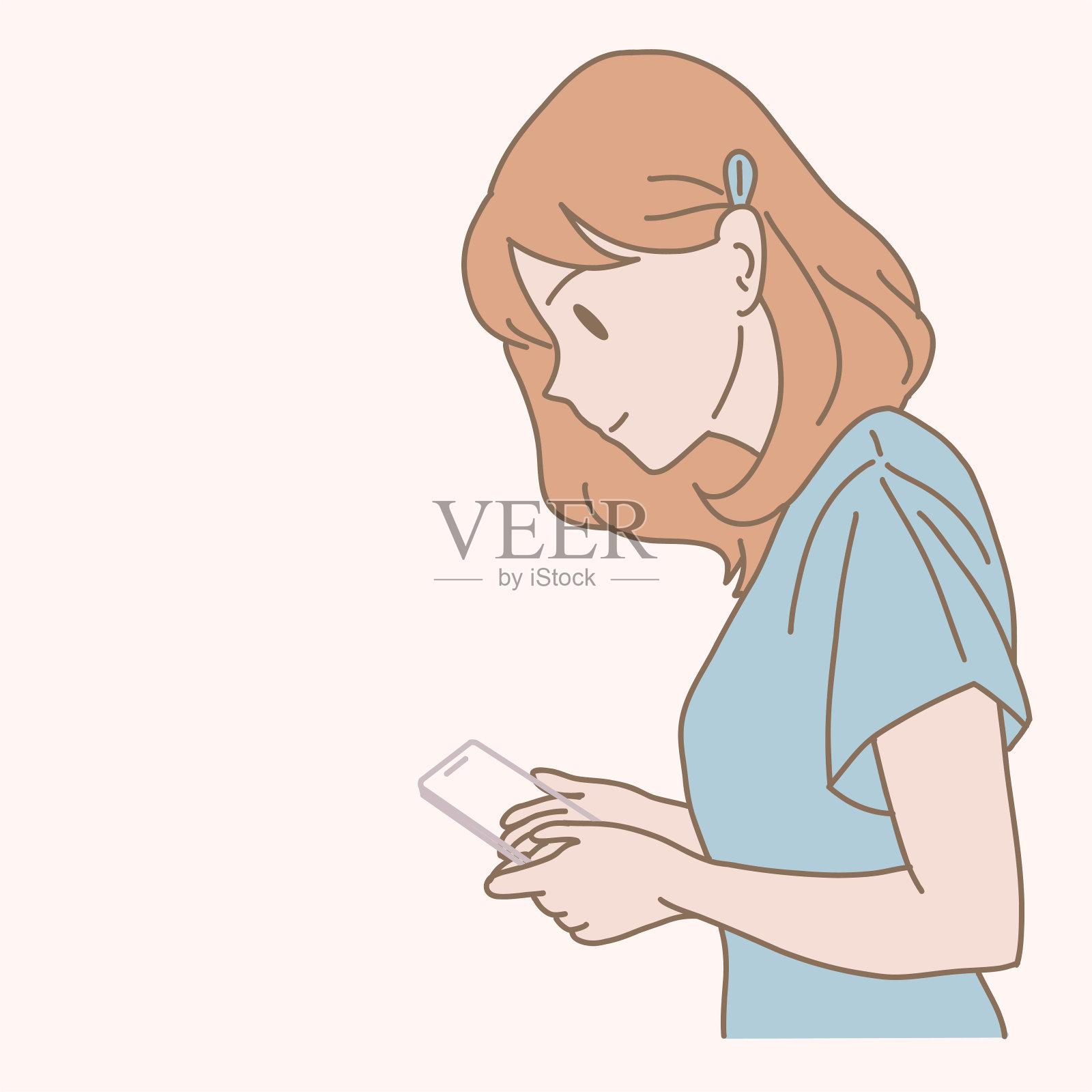 女孩拿着智能手机，查看社交媒体，打字。手绘平面卡通人物矢量插图。插画图片素材