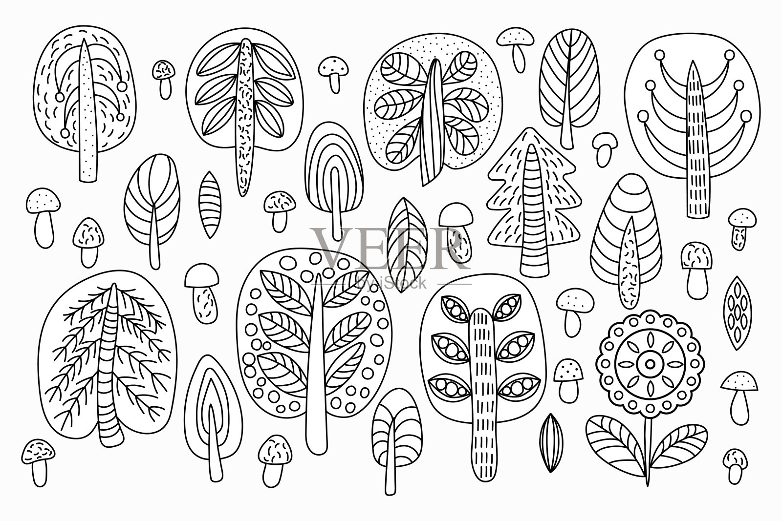 森林收集的树木和蘑菇图案。插画图片素材