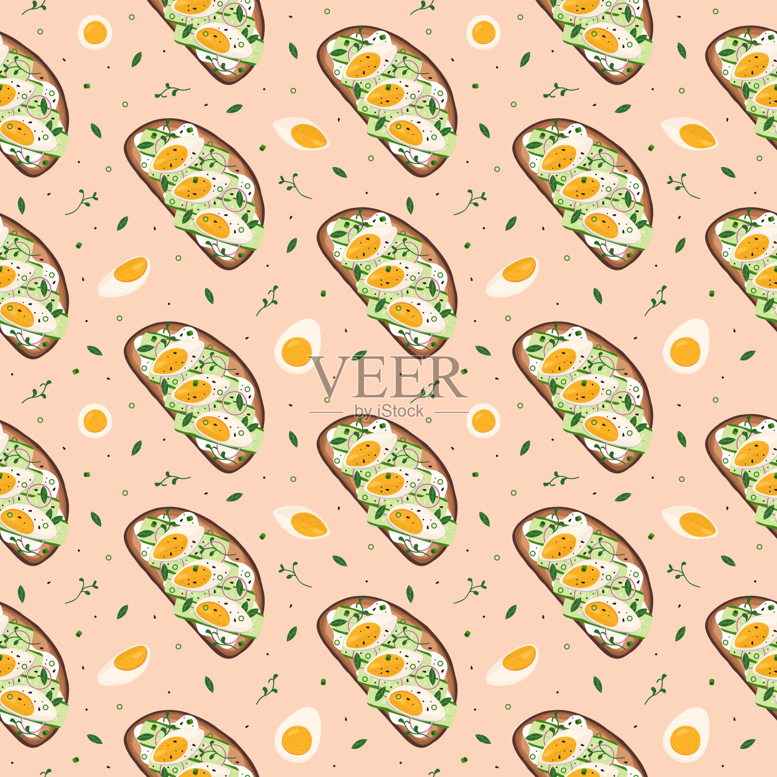 无缝图案搭配意式烤面包，煮鸡蛋和绿色植物。用黄瓜、鸡蛋和洋葱烤面包。健康食品，饮食，烹饪，食谱，餐厅菜单。三明治顶视图。向量的背景插画图片素材