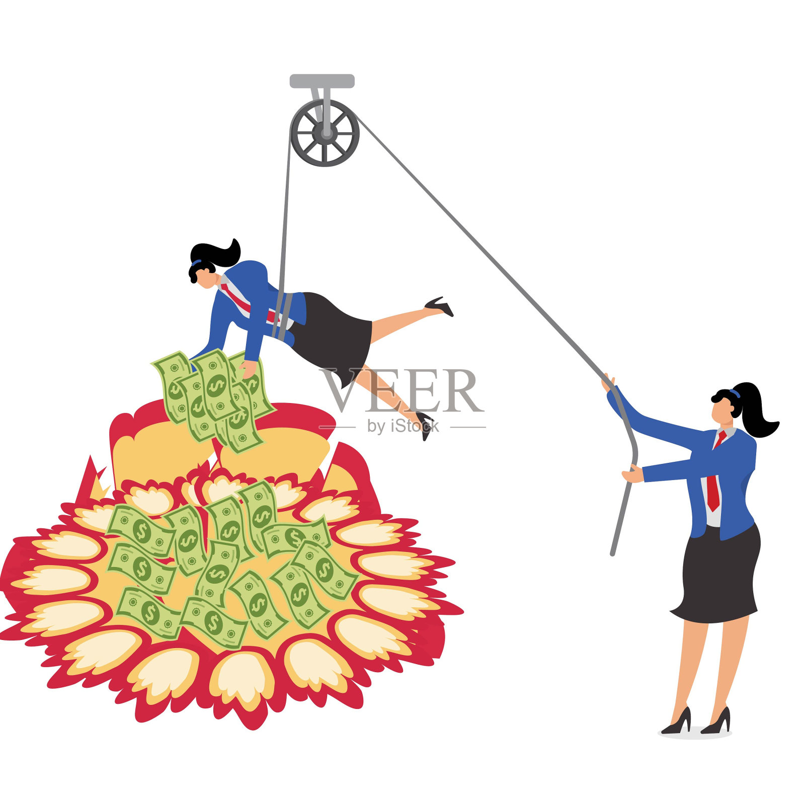 冒险赚钱，金融或投资风险，危险的金钱游戏，高风险的高回报投资或赚钱机会，商业女性在火环中间伸出手来捡钱插画图片素材