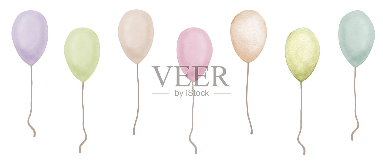 一套多色气球。水彩画收集在柔和的颜色。生日，性别派对，婴儿派对，儿童派对，周年纪念。设计明信片，海报，邀请，贺卡。插画图片素材