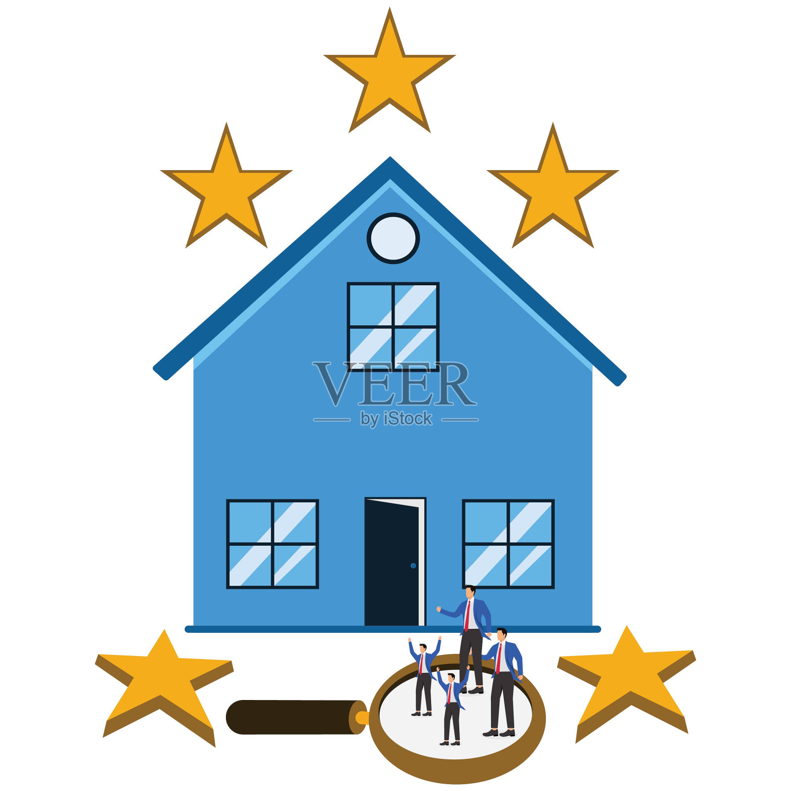 五星级家居，五星级房地产物业服务与管理，房地产与物业评估，五星中间等距房屋，四口之家站在放大镜上插画图片素材