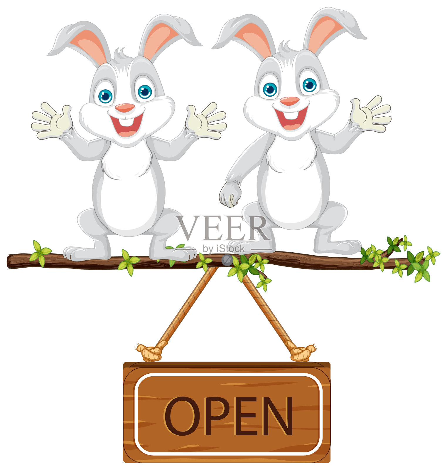 两只卡通兔子举着“开门”的牌子。插画图片素材
