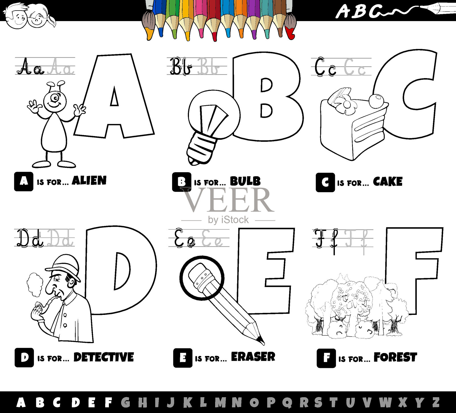 教育卡通字母集从A到F彩色页插画图片素材