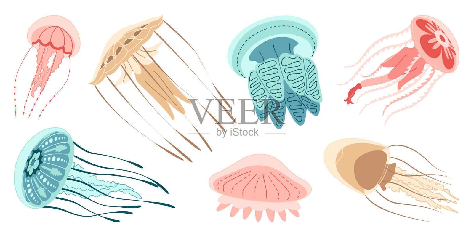 水母时尚的平面风格向量集插画图片素材