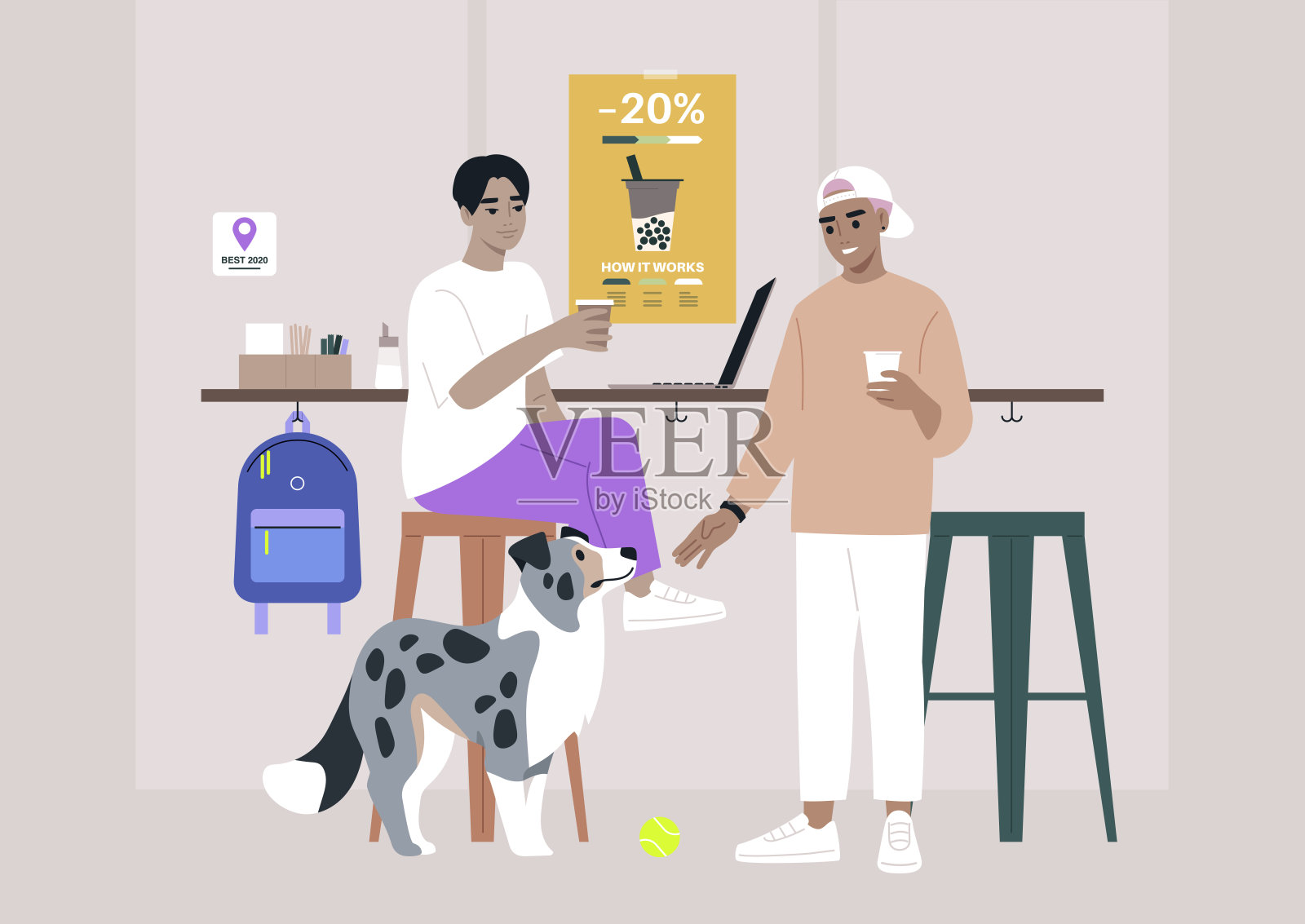 两个角色坐在一张桌子旁，他们忠诚的蓝色大理石边境牧羊犬陪伴着他们插画图片素材