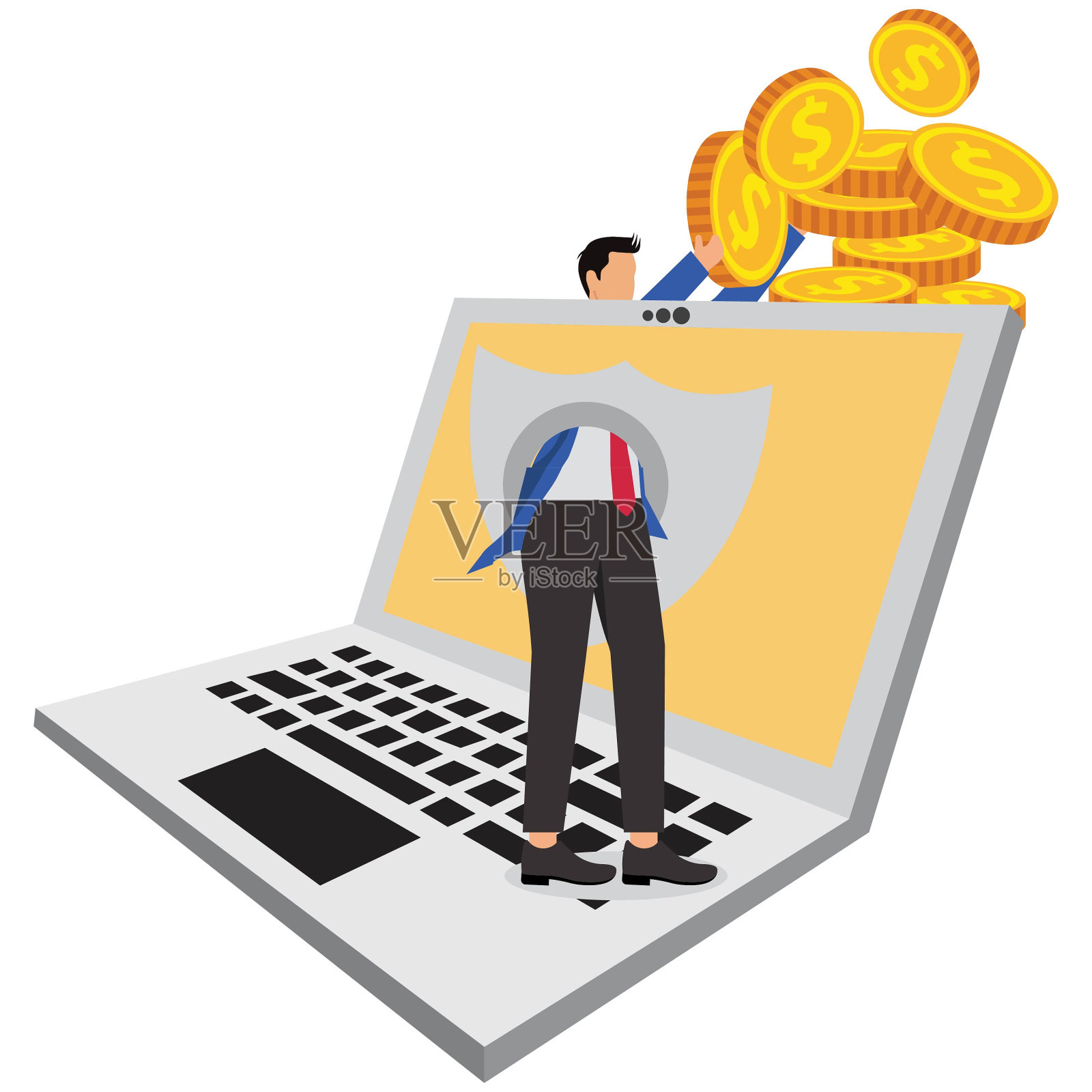 网络黑客和小偷，金融和网络犯罪，个人账户和数据安全，通过盾牌和电脑屏幕的等距手和获取金钱插画图片素材