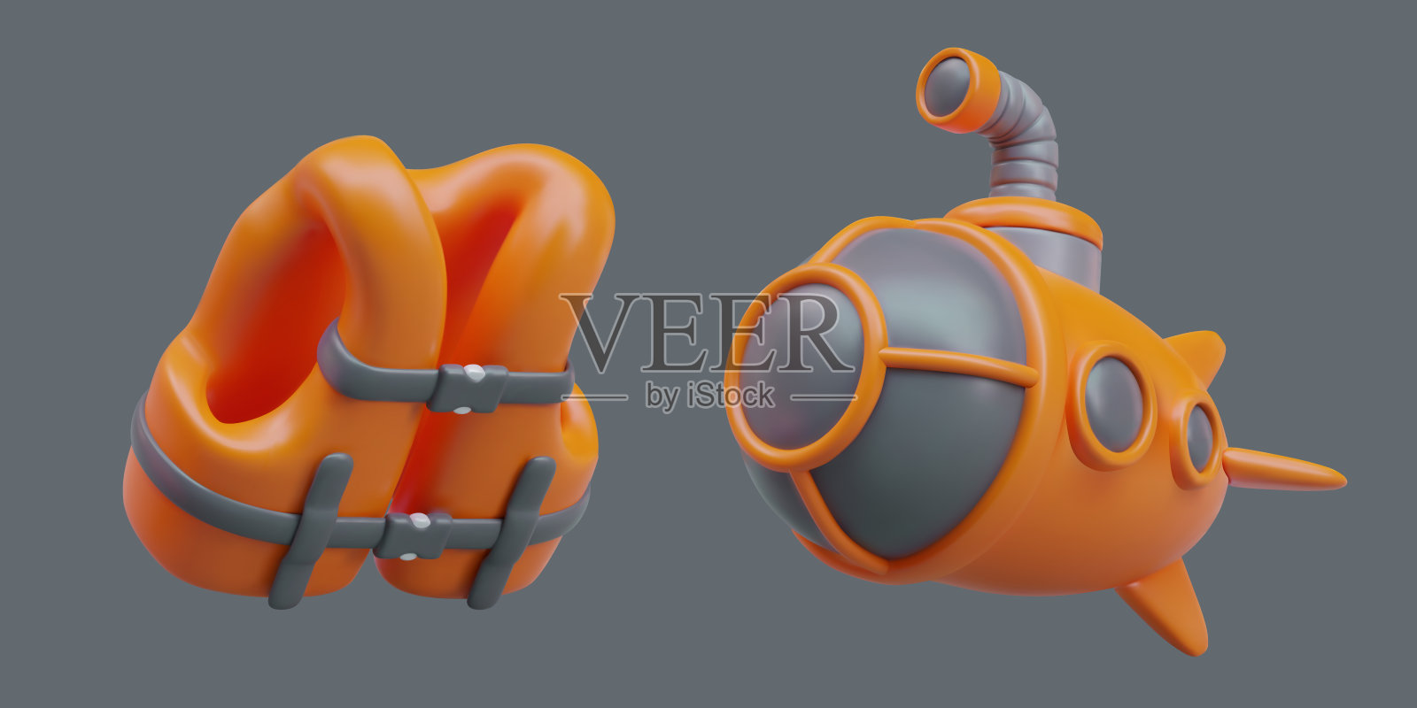 充气的橙色背心和带凸起潜望镜的潜水器插画图片素材