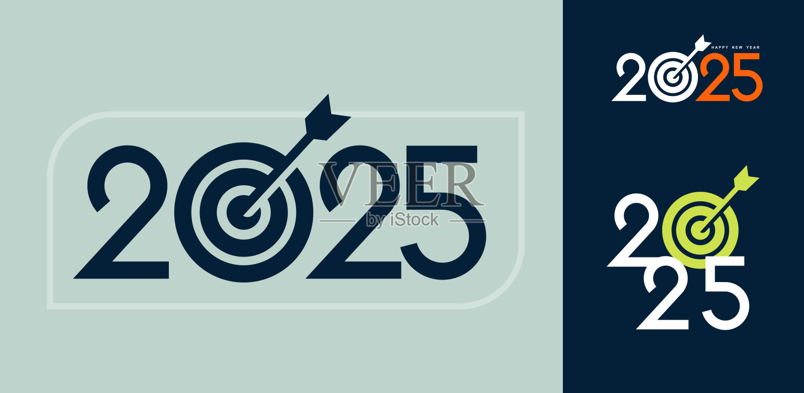 2025的概念，未来的成功和规划的目标。箭射中了目标。2025年设计新年快乐。宣传册设计模板、卡片、横幅。矢量设计，以实现业务目标。插画图片素材