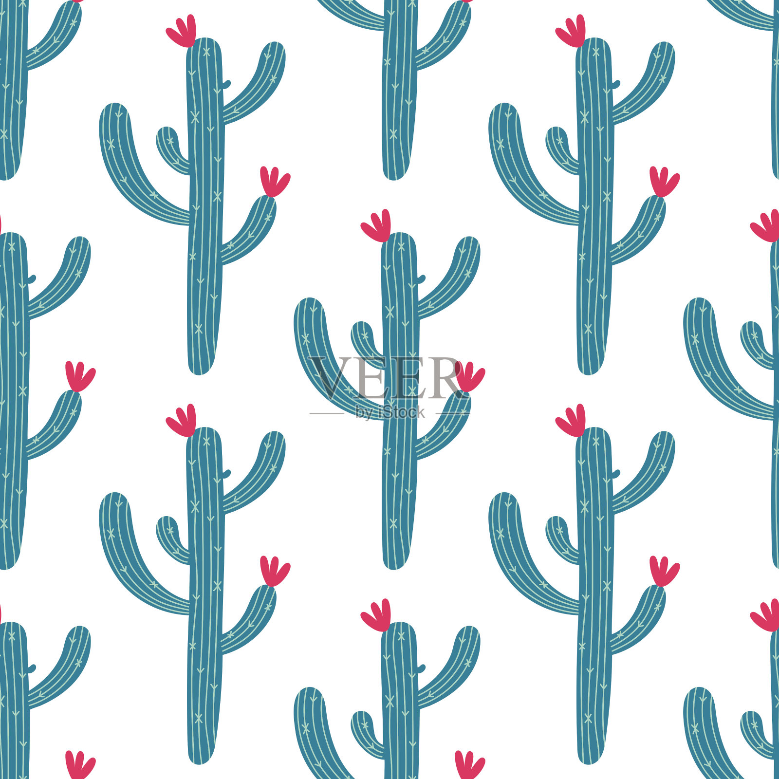 仙人掌无缝矢量图案。一种多刺的植物，有长长的绿色茎、刺和五颜六色的花。沙漠多汁。野生墨西哥毒蛇。手绘植物涂鸦。平面卡通背景印刷插画图片素材