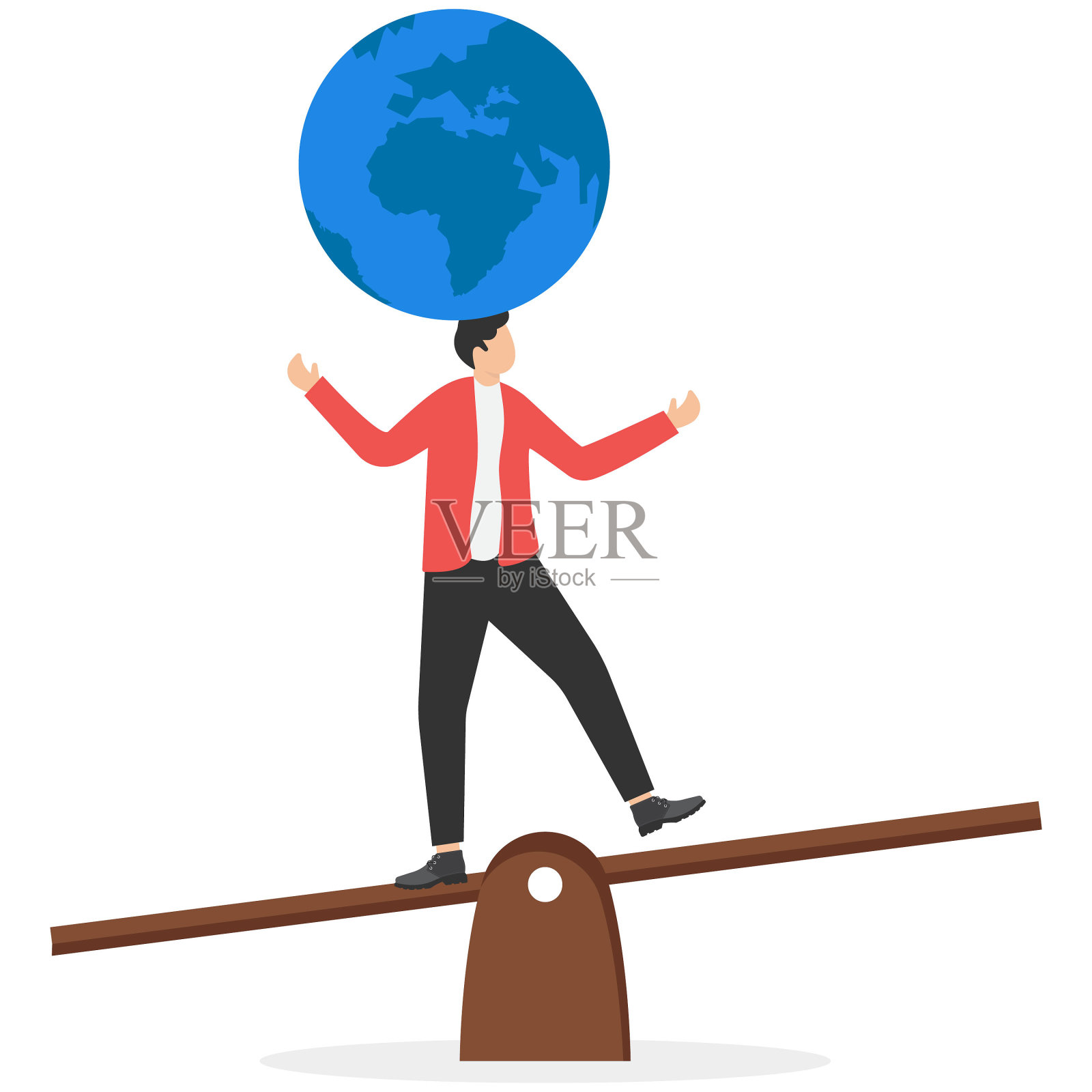 地缘政治风险，世界领导人冲突，战争和入侵危险造成的经济和投资风险，核战争紧张的概念，商人领袖杂技演员试图平衡他的头上的世界。插画图片素材