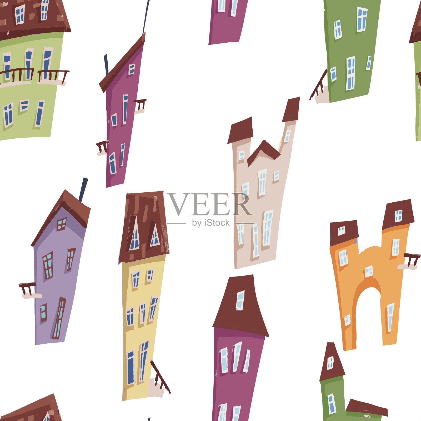 无缝图案的彩色房屋卡通风格插画图片素材