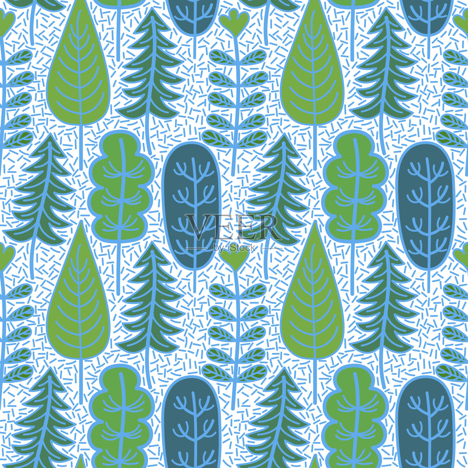 雨在森林里。无缝装饰与平面风格的树图案。插画图片素材