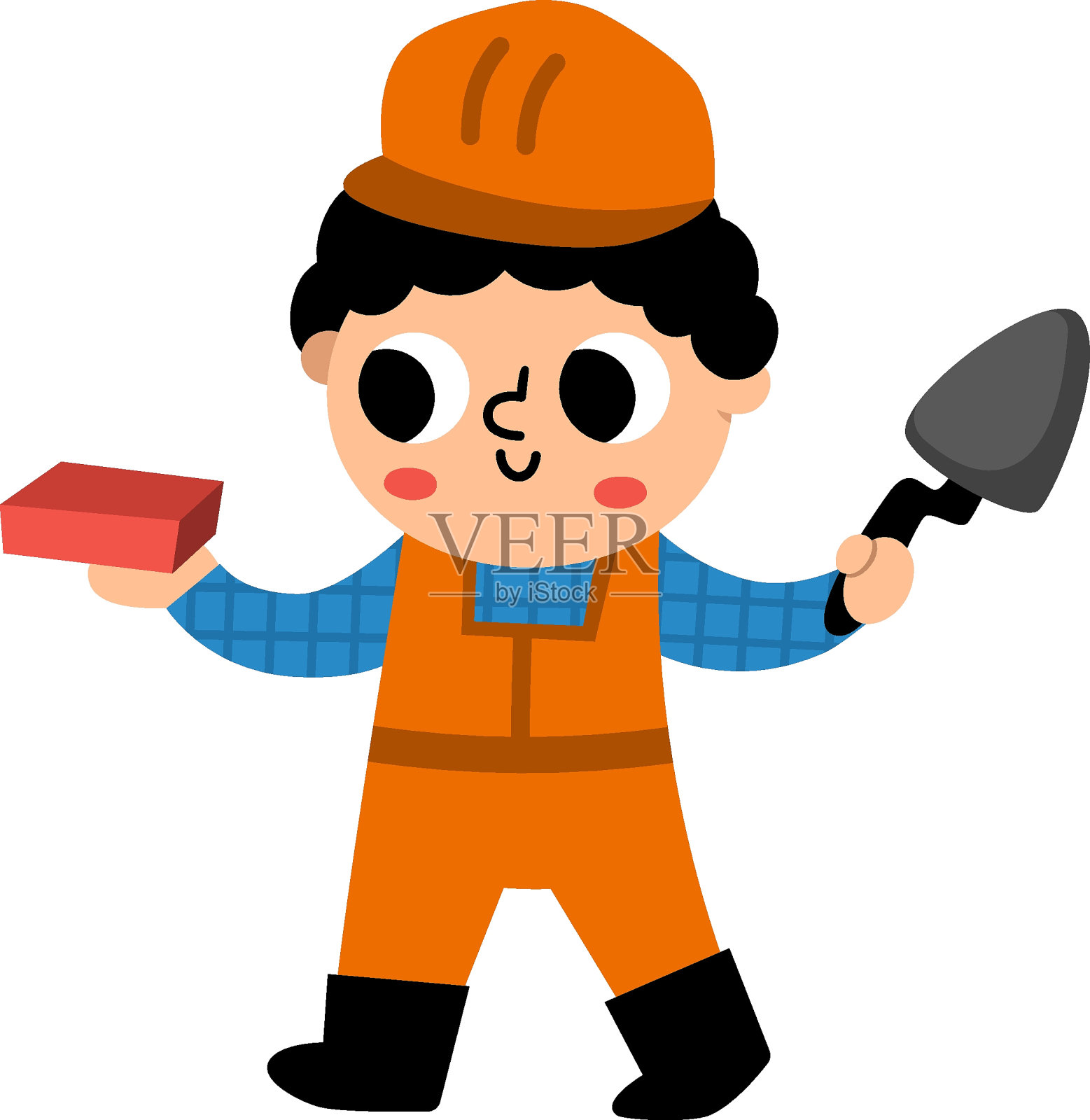 矢量卡通建设者与砖和抹刀。可爱的修理工插图的孩子孤立在白色背景。滑稽的工人戴着头盔砌砖。儿童职业图标插画图片素材