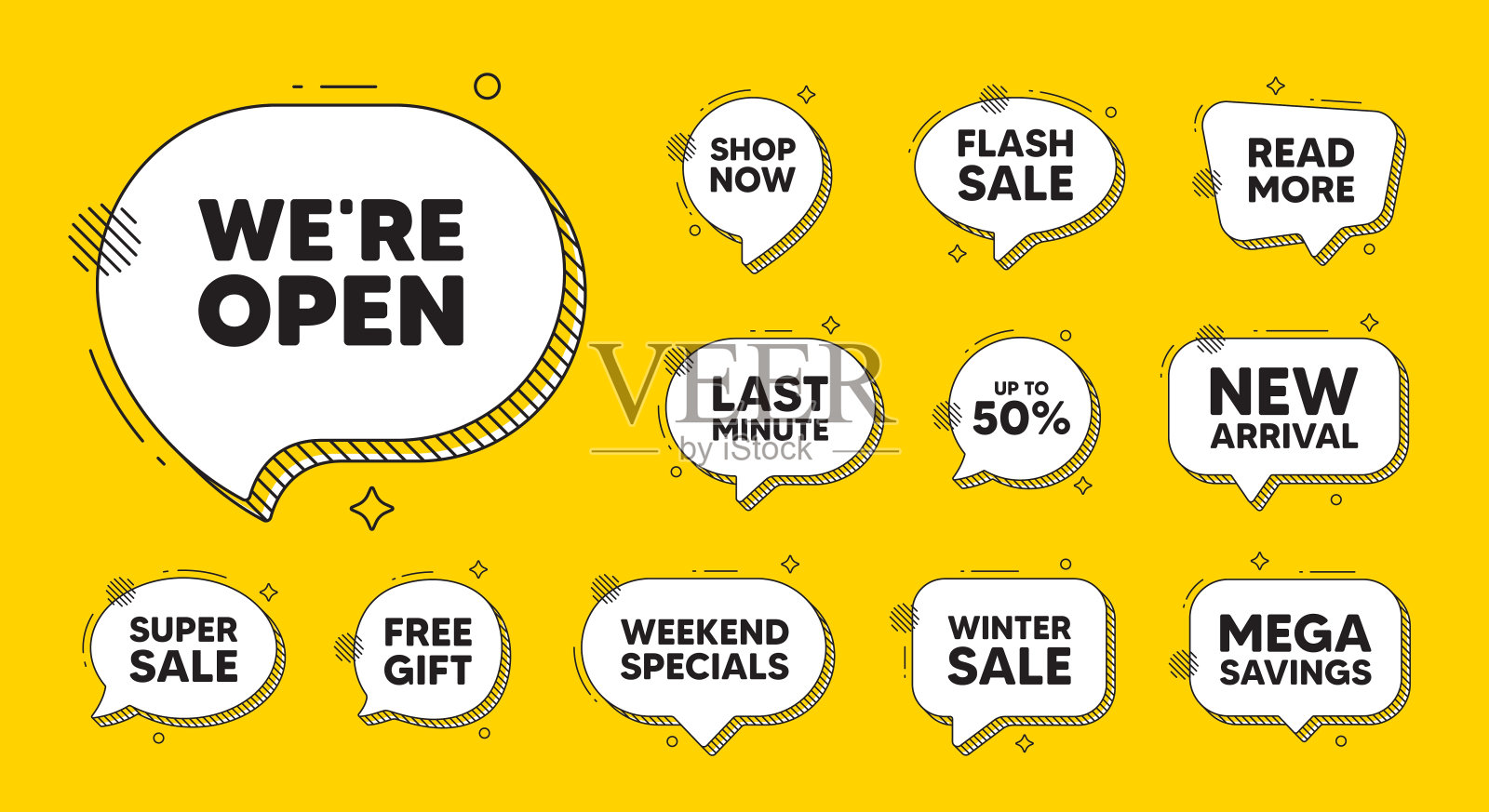 我们是开放标签。宣传新的商业标志。提供语音气泡图标。向量插画图片素材