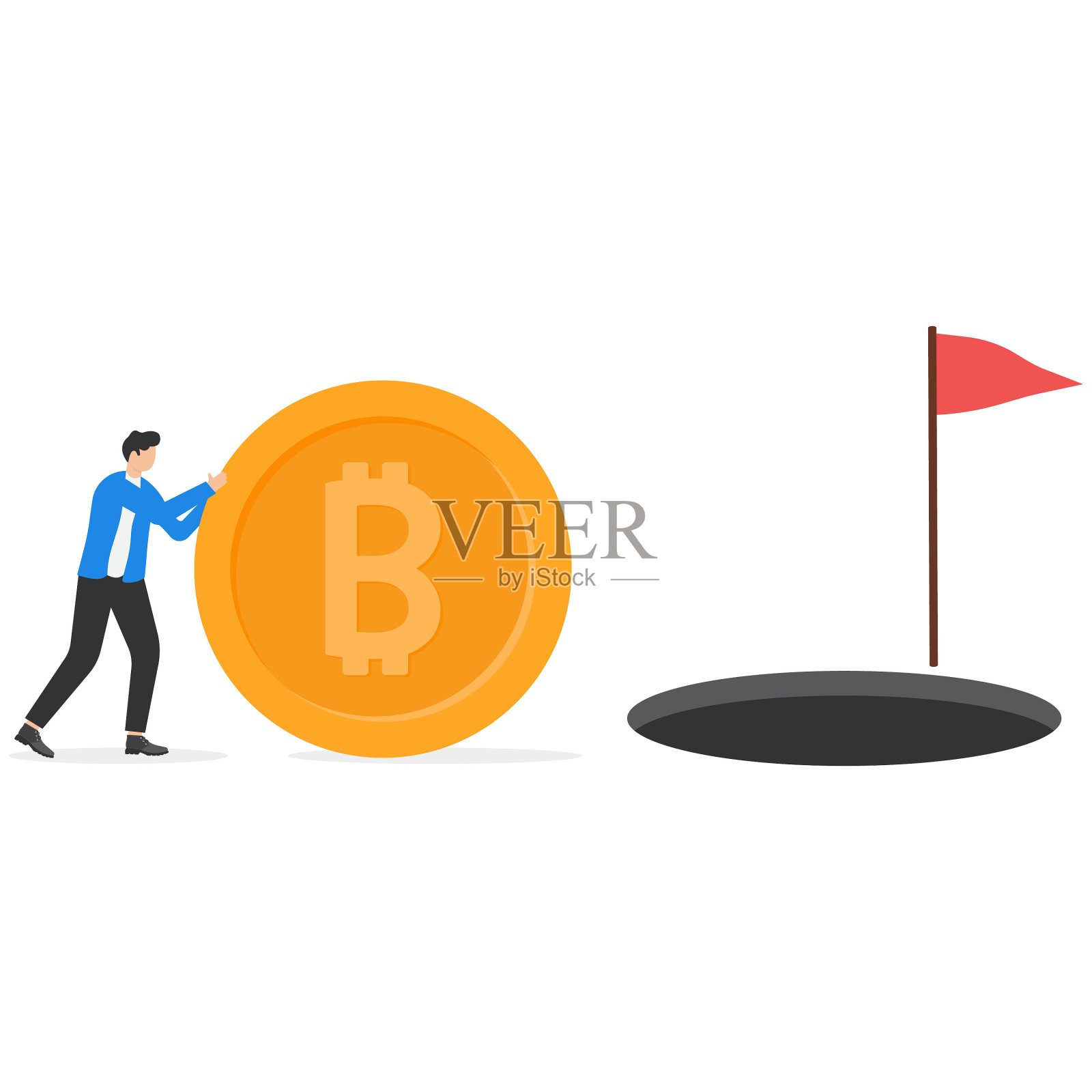 企业家投资者推动比特币。朝着业务目标采取行动。成功并不遥远。平面矢量插图。插画图片素材