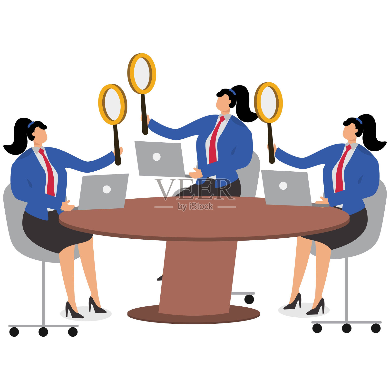 审查、审核、检查、分析、研究、学习，四个女商人拿着放大镜坐着观察插画图片素材