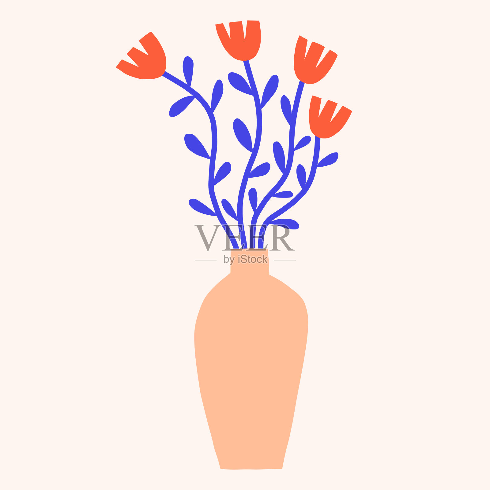 明亮的花朵在花瓶矢量剪贴画。新潮的剪纸花卉插图。平面植物元素插画图片素材