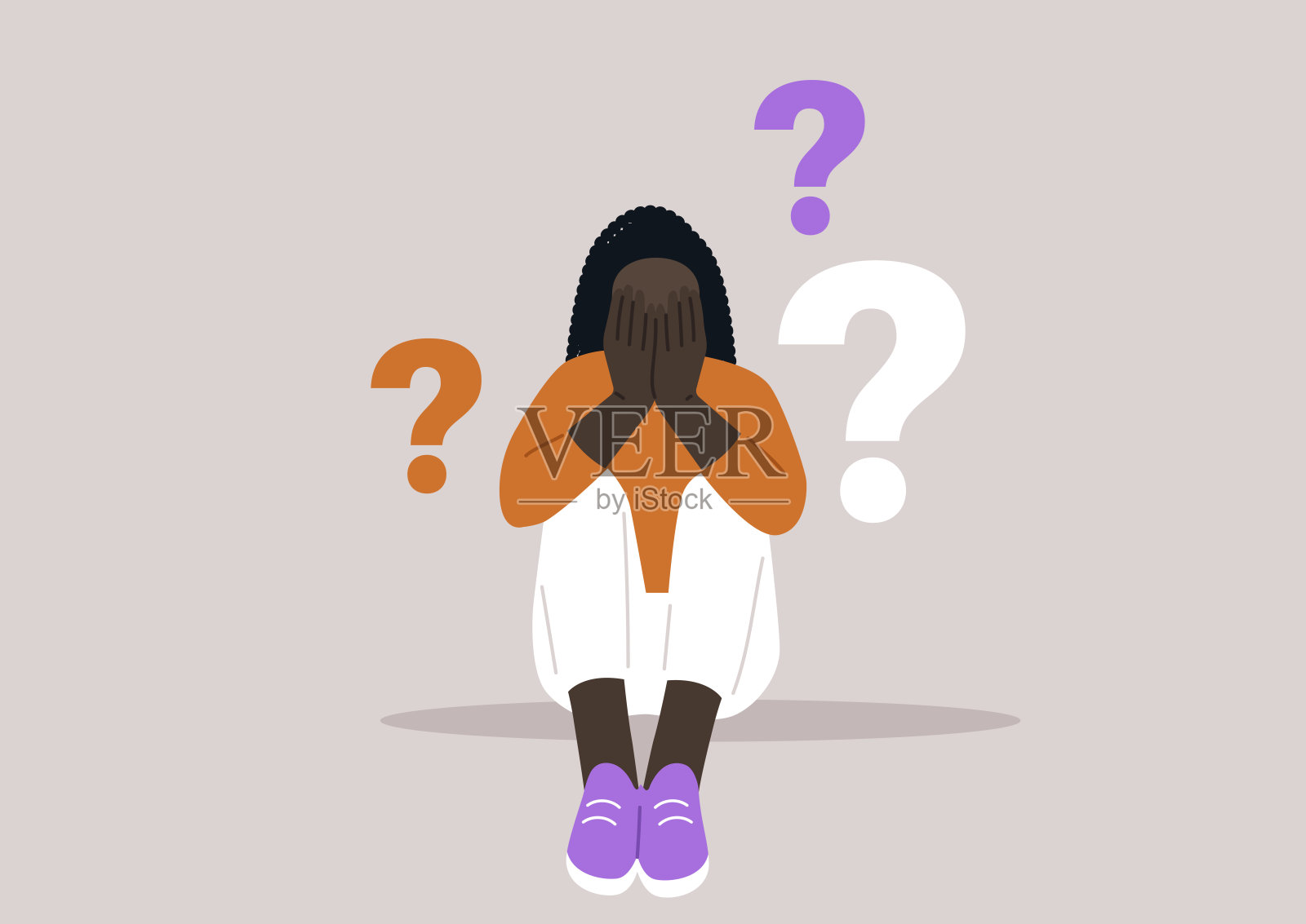 《不确定的困境》，《一个被问题包围的人》，一个角色坐在那里，双手捂着脸，两侧是浮动的问号插画图片素材