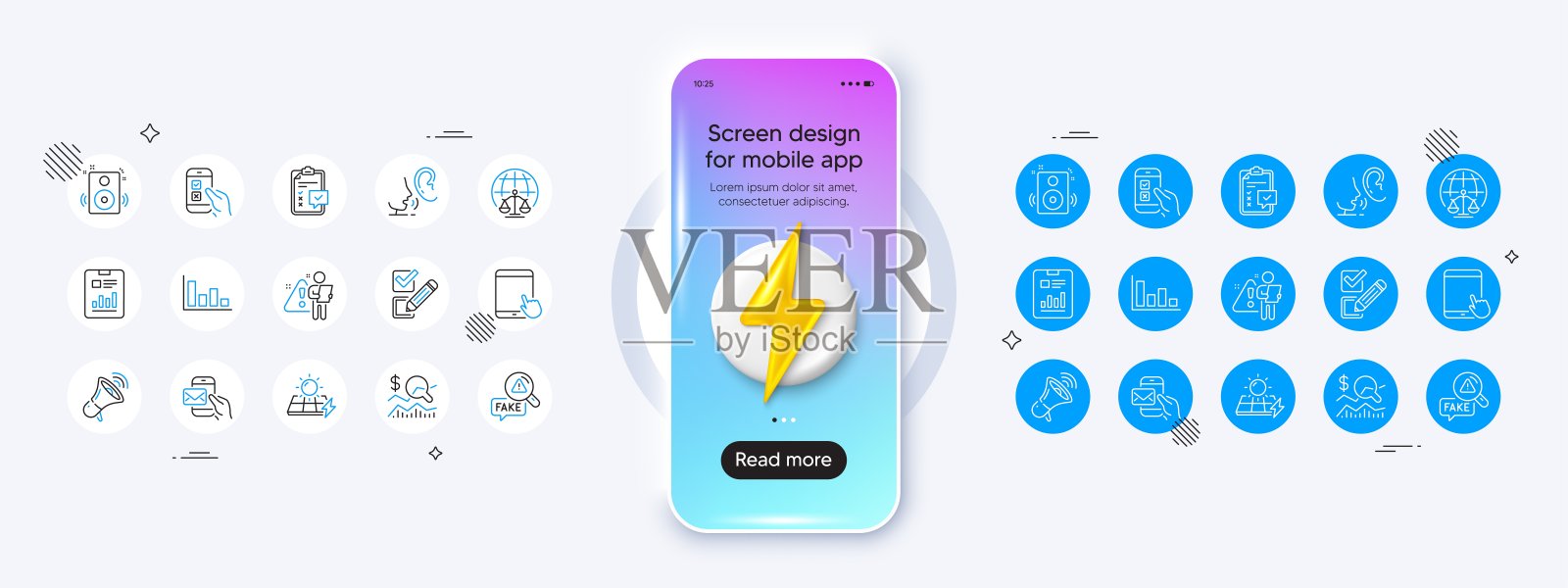 报告文件，检查表和太阳能电池板线图标。对于web应用程序，打印。手机模型与3d能源图标。向量插画图片素材