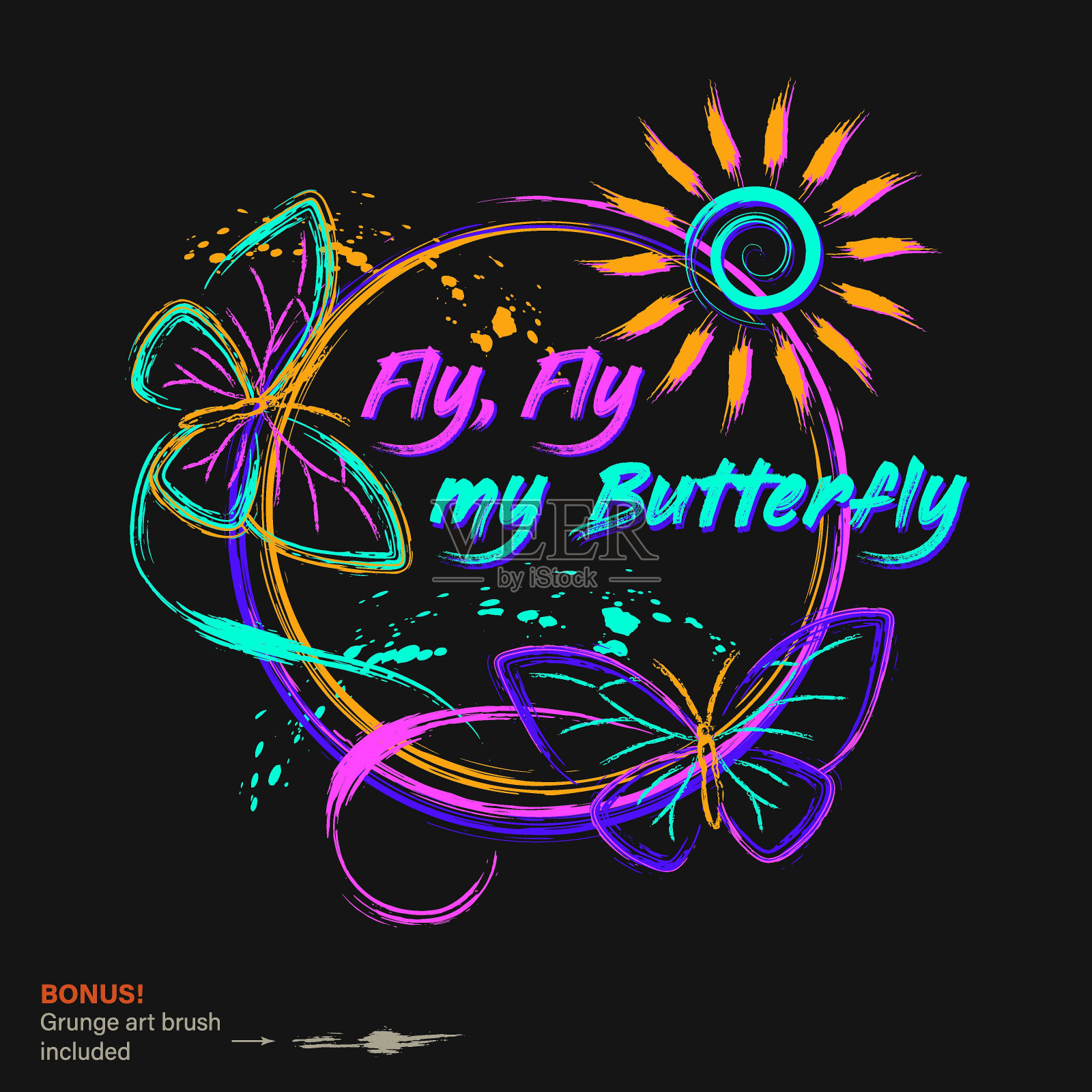 圆形标签与蝴蝶，太阳，霓虹灯油漆插画图片素材