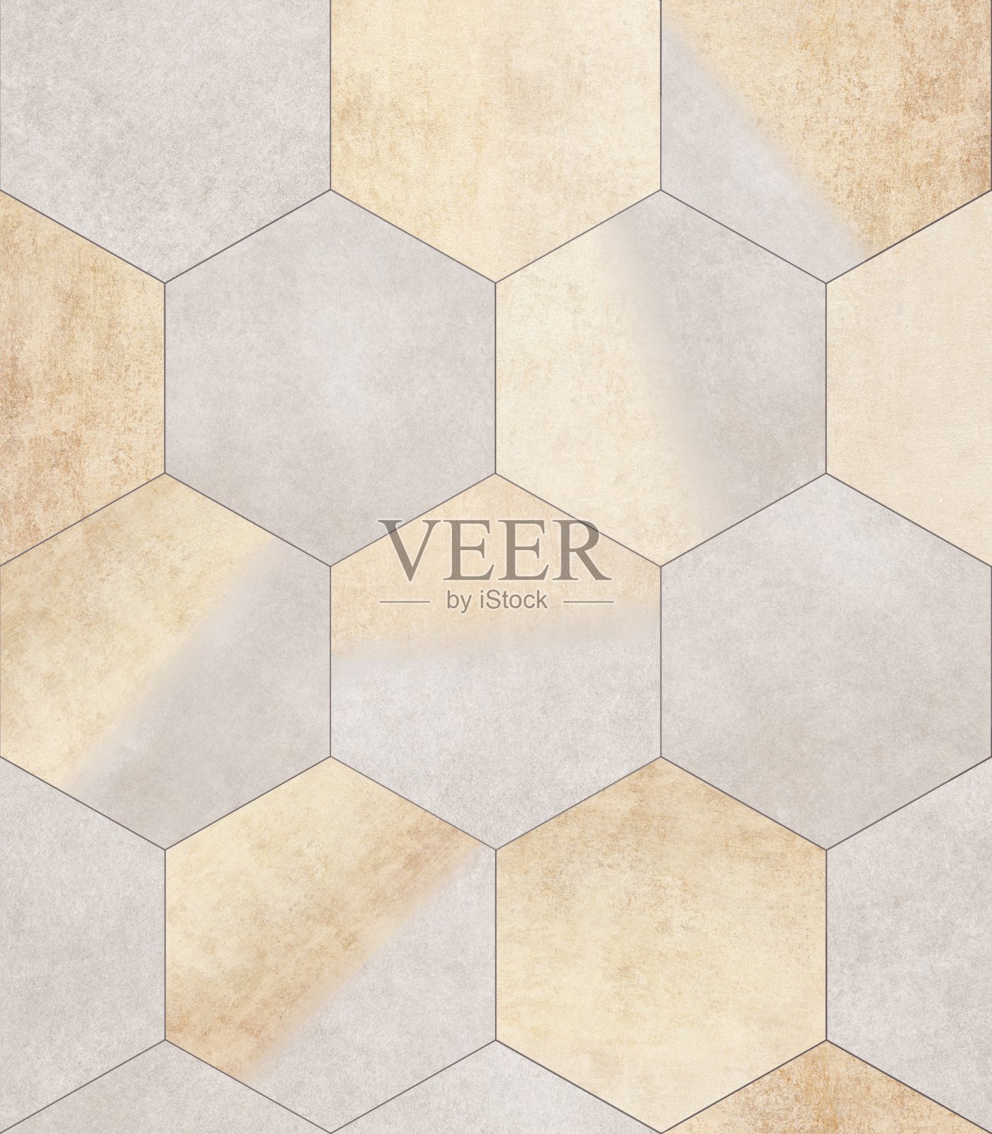 水泥瓷砖地板。过渡地板。木瓦。六边形的瓷砖散落在木地板上。插画图片素材