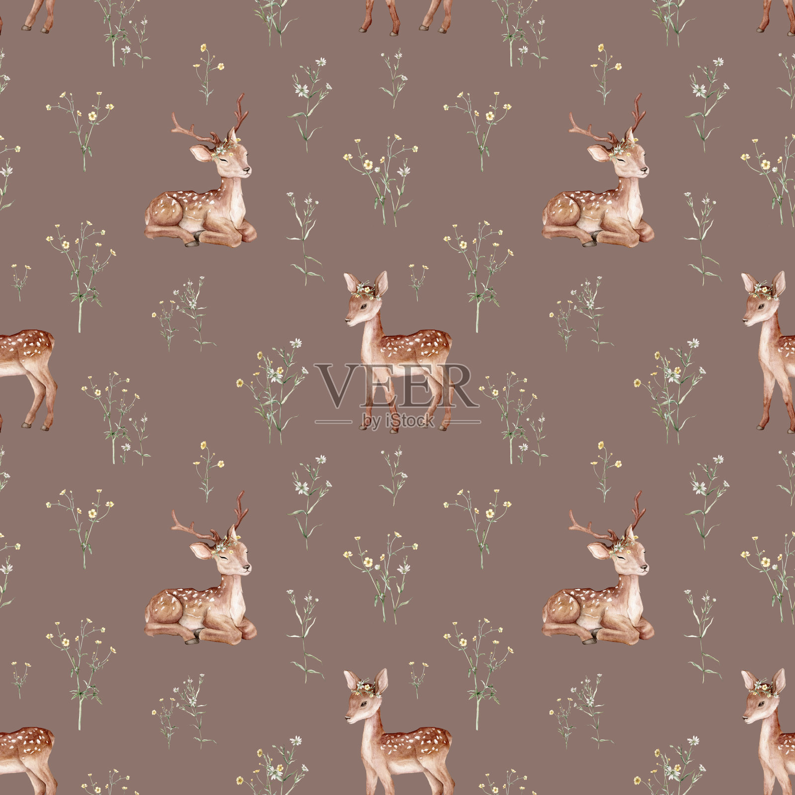 水彩无缝图案小鹿和草甸花。在白色背景上孤立的斑点鹿。手绘野生动物模板织物。用于图案印刷或背景的动物。碎花布兰切插画图片素材