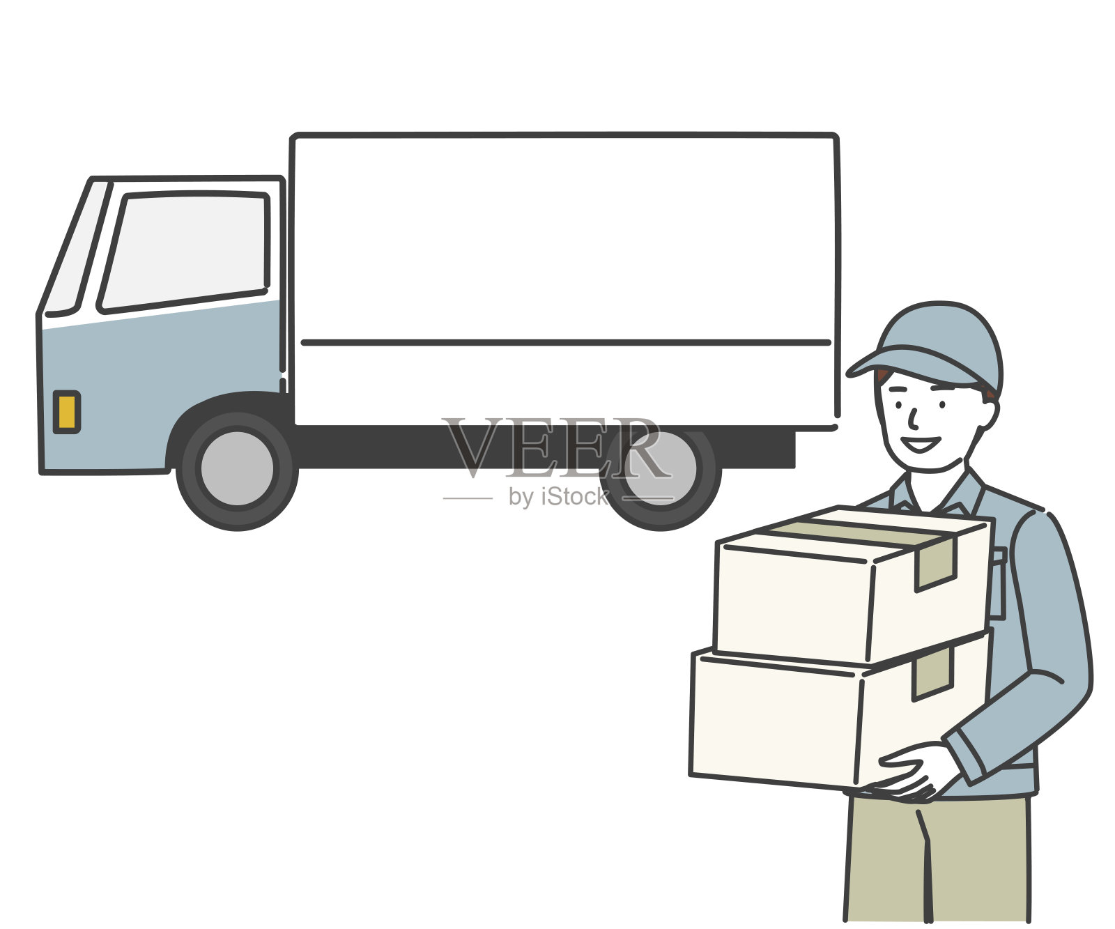 快递员在卡车前拿着包裹箱插画图片素材