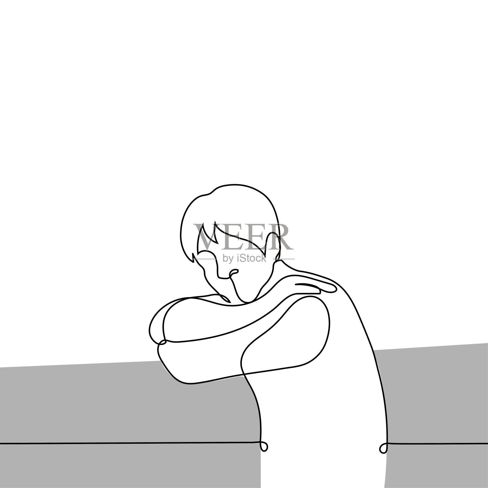 男子躺在栏杆上，双臂交叉，把头放在上面，看着观众——一条线画矢量。拖延症，懒惰，拍照姿势的概念插画图片素材