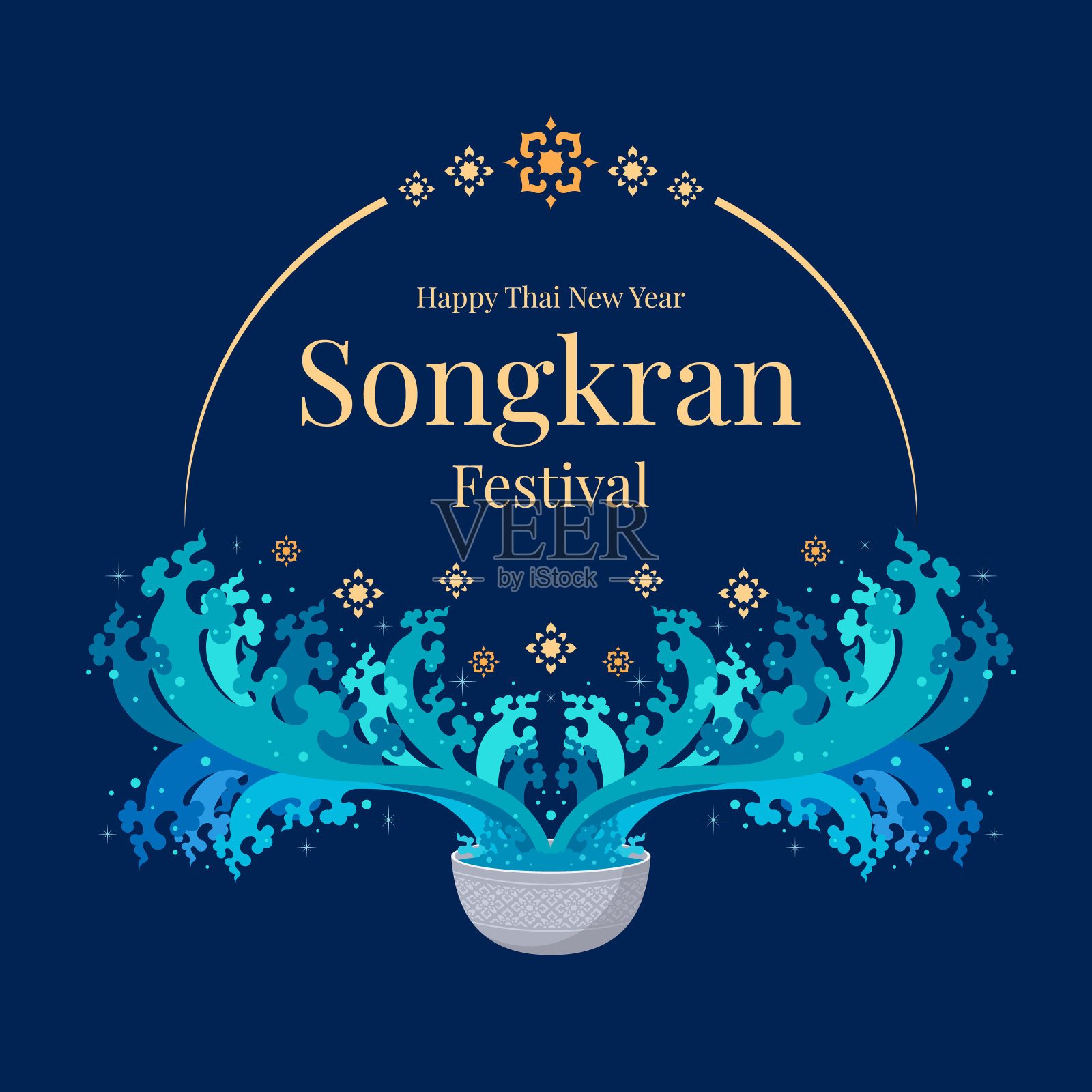 快乐的泰国新年或泼水节-黄金文本在圆线框架与泰国银碗与水飞溅和泰国花卉艺术传统软深蓝色背景矢量设计插画图片素材